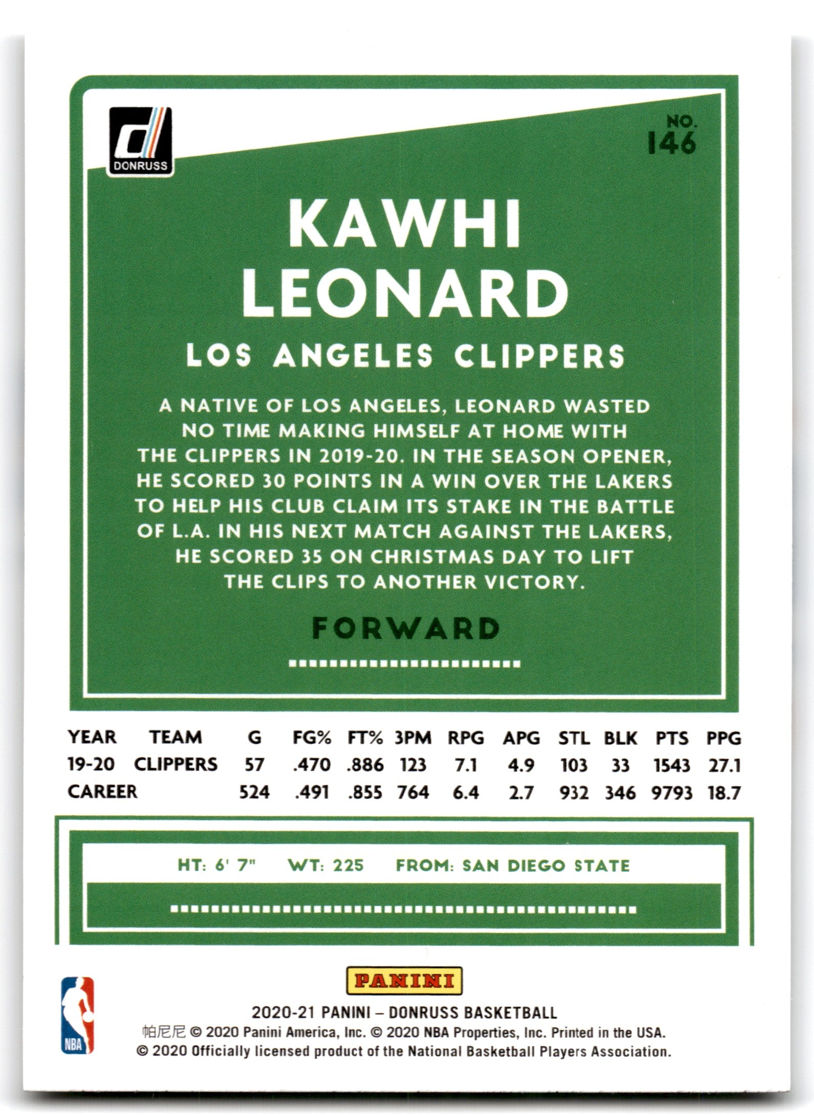 2020 Donruss Kawhi Leonard Los Angeles Clippers Card 146
