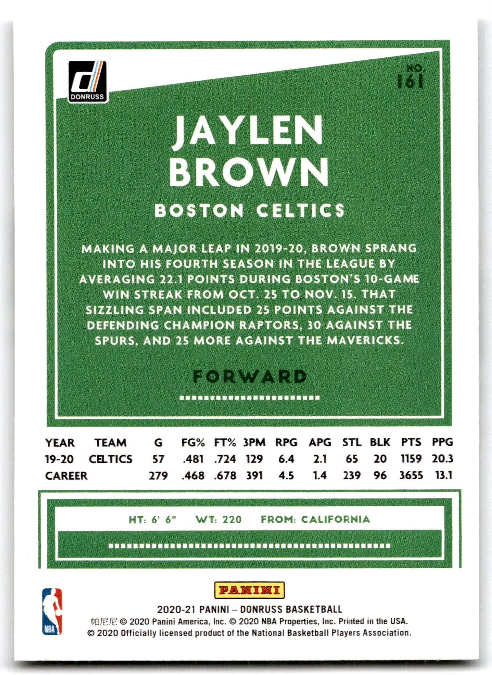 2020 Donruss Jaylen Brown Boston Celtics Card 161