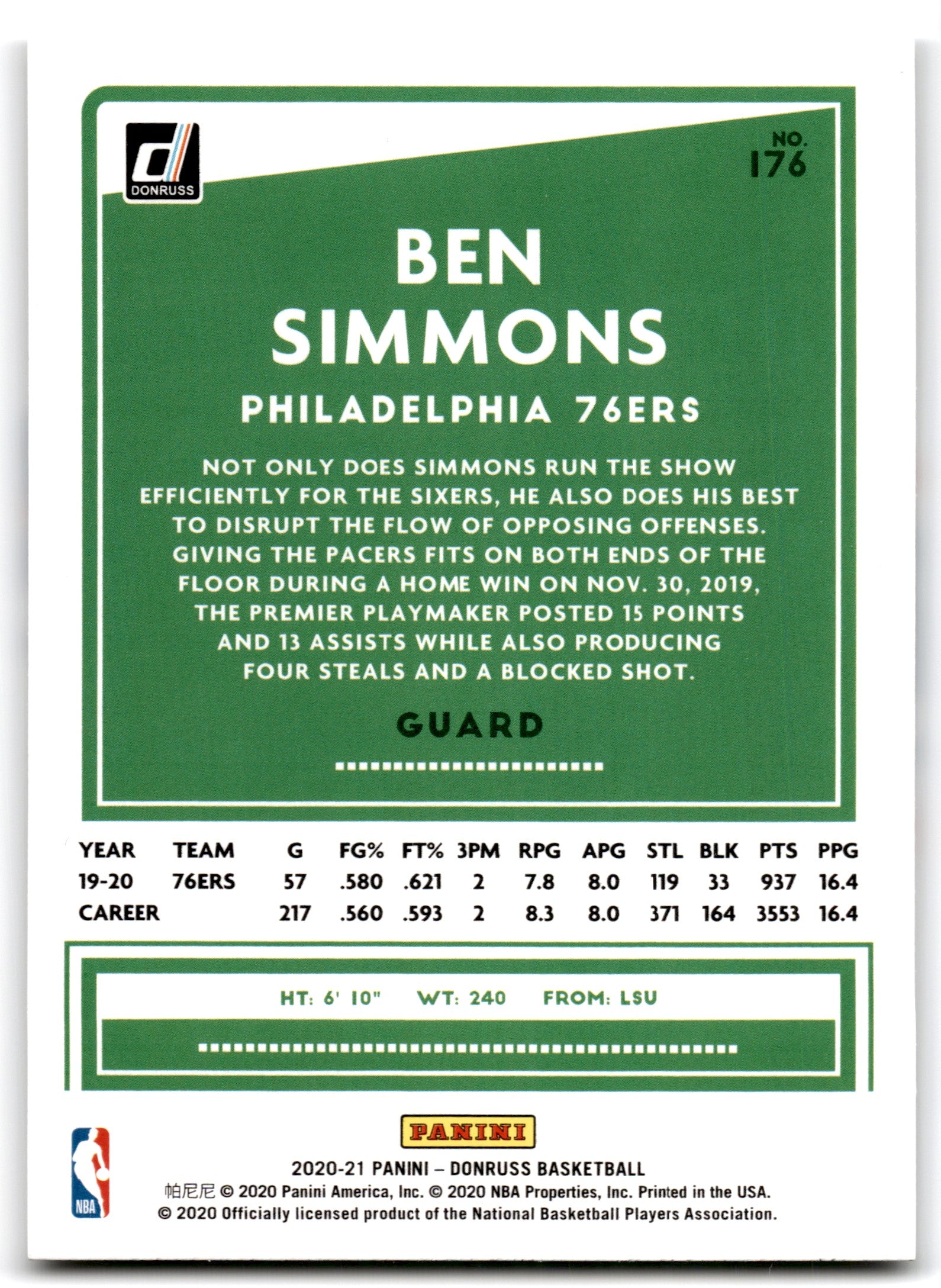 2020 Donruss Ben Simmons Philadelphia 76ers Card 176