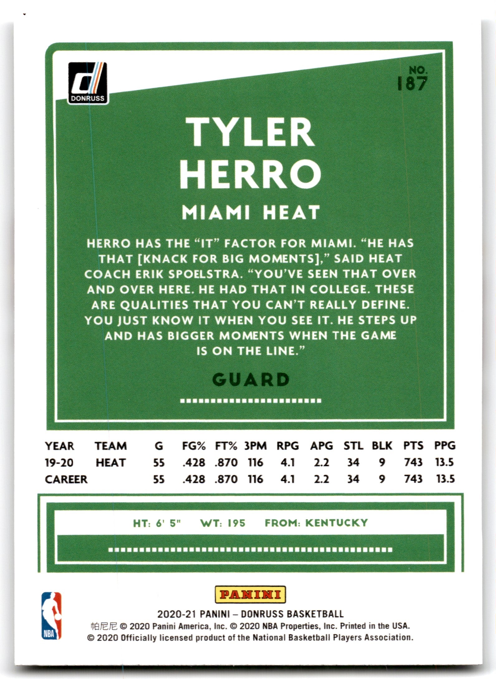 2020 Donruss Tyler Herro Miami Heat Card 187