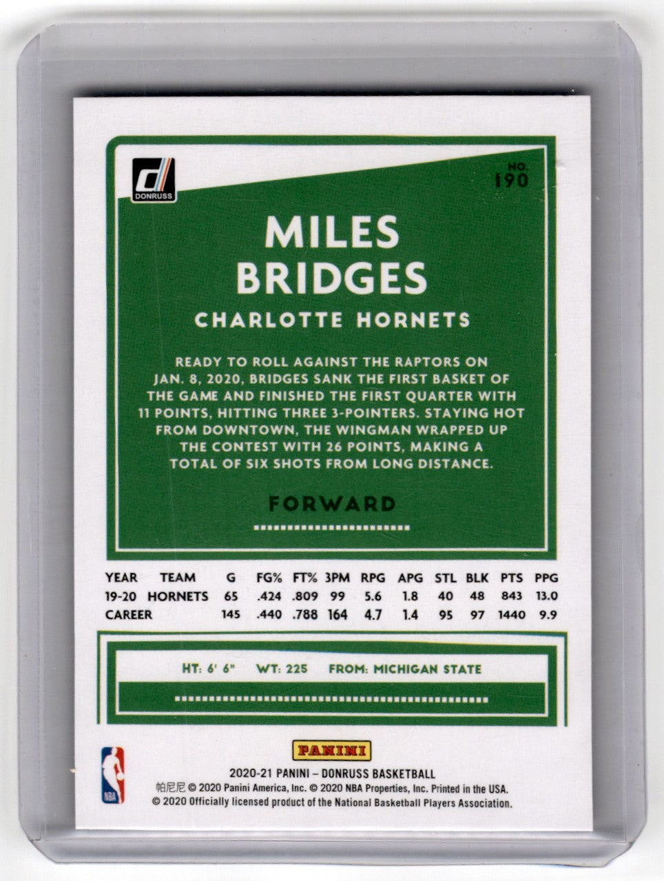 2020 Donruss Miles Bridges /99 Card 190