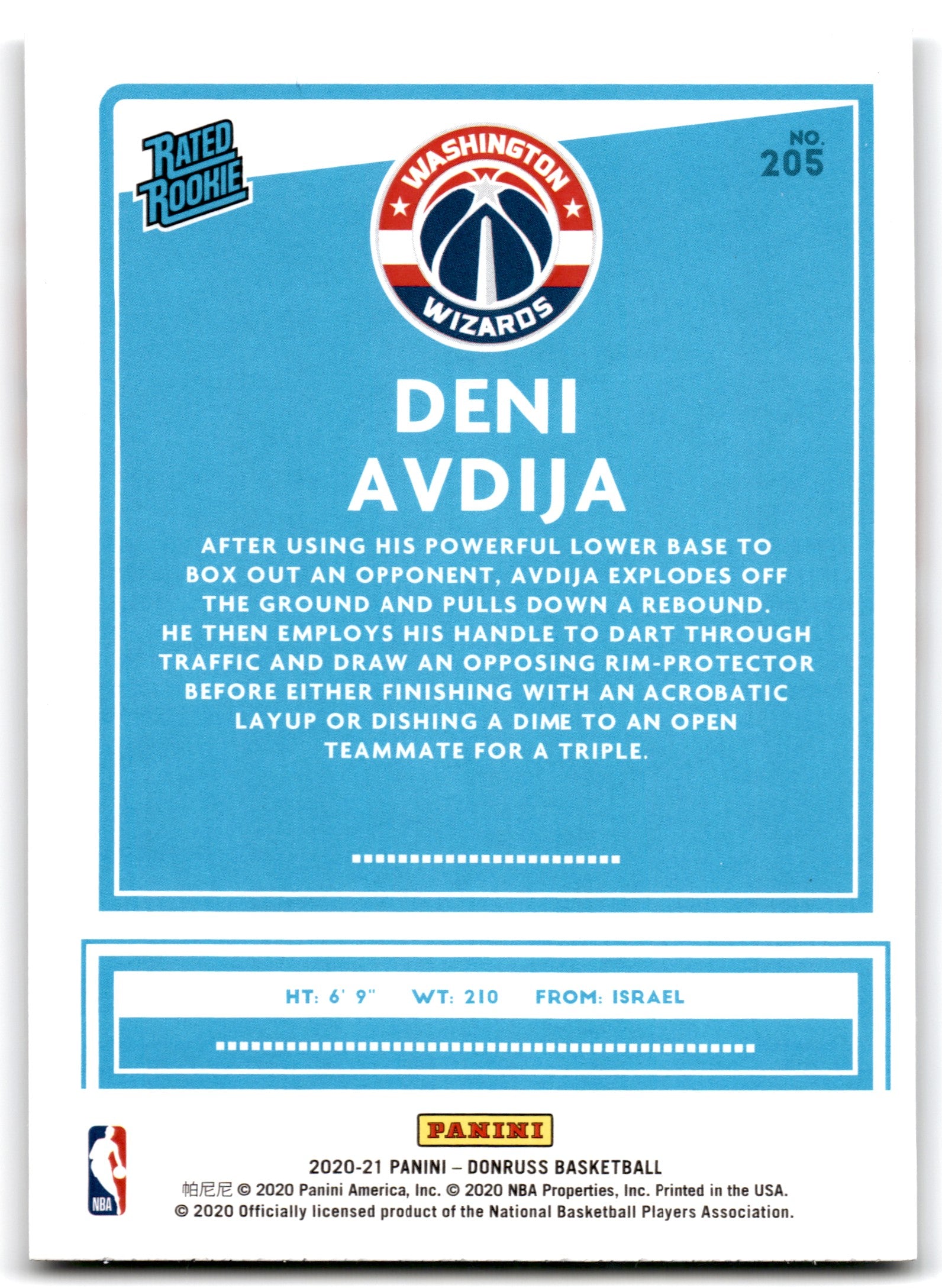 2020 Donruss Deni Avdija Washington Wizards Card 205