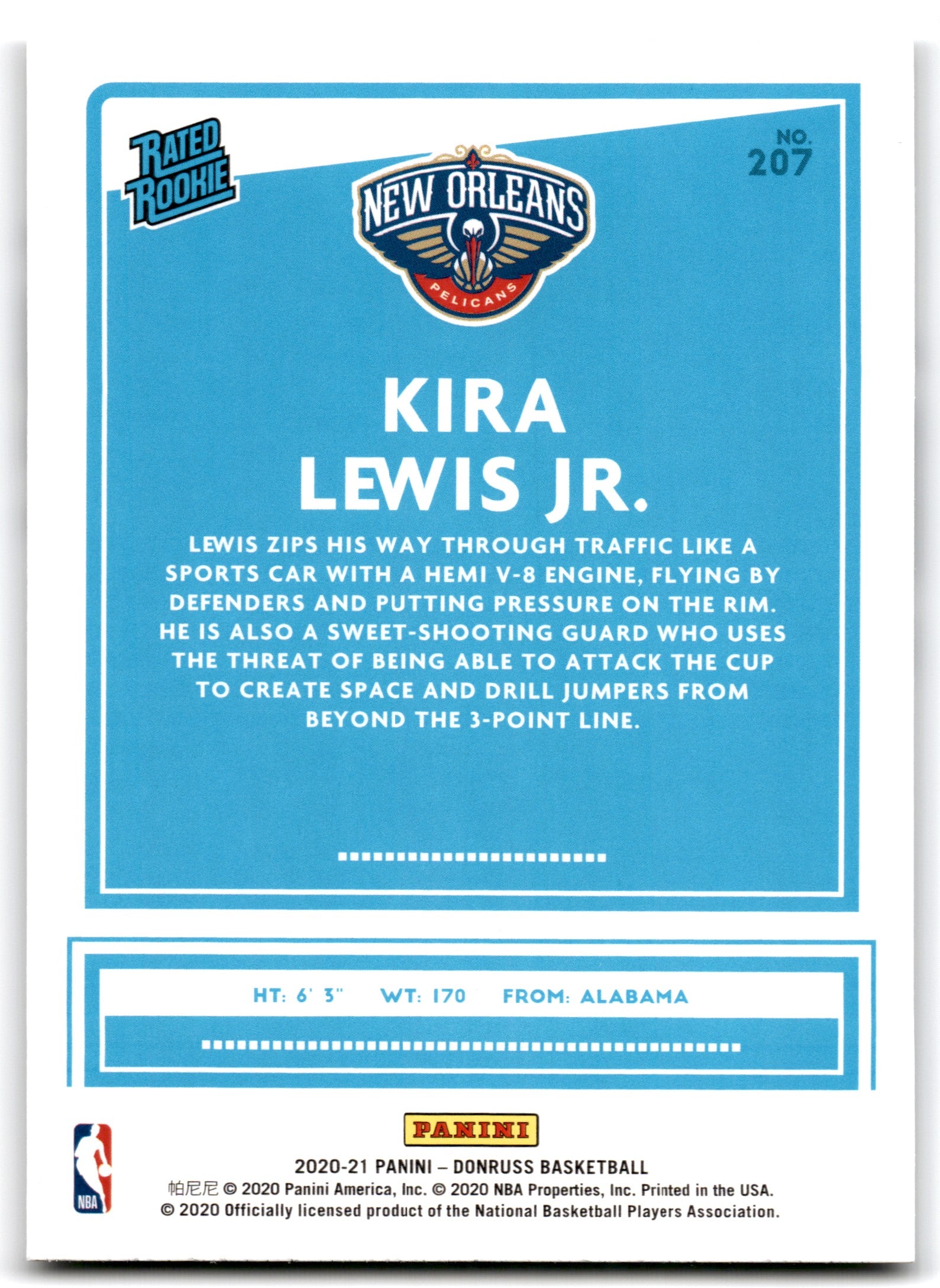2020 Donruss Kira Lewis Jr. New Orleans Pelicans Card 207