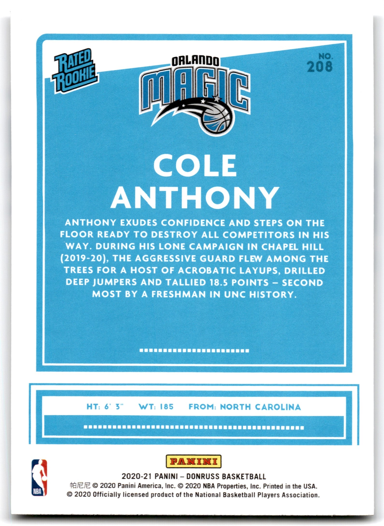 2020 Donruss Cole Anthony Orlando Magic Card 208
