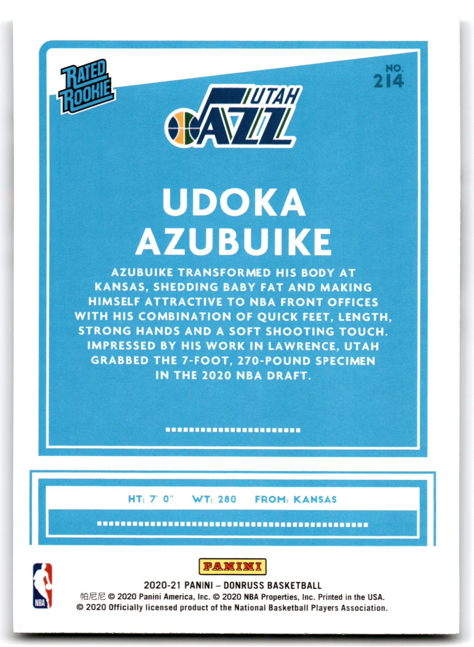 2020 Donruss Udoka Azubuike Utah Jazz Card 214