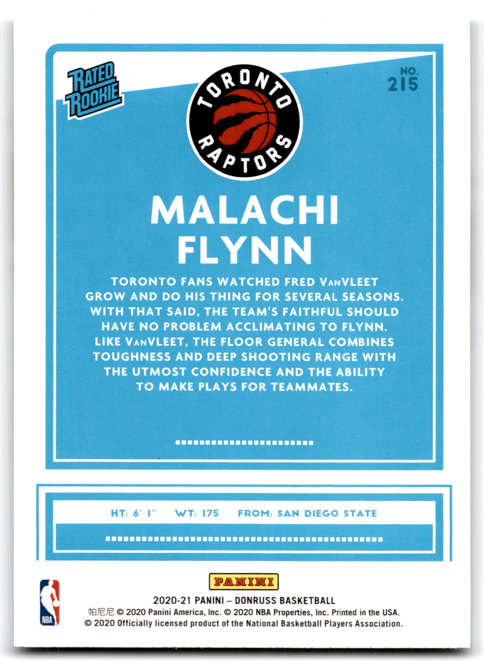 2020 Donruss Malachi Flynn Toronto Raptors Card 215