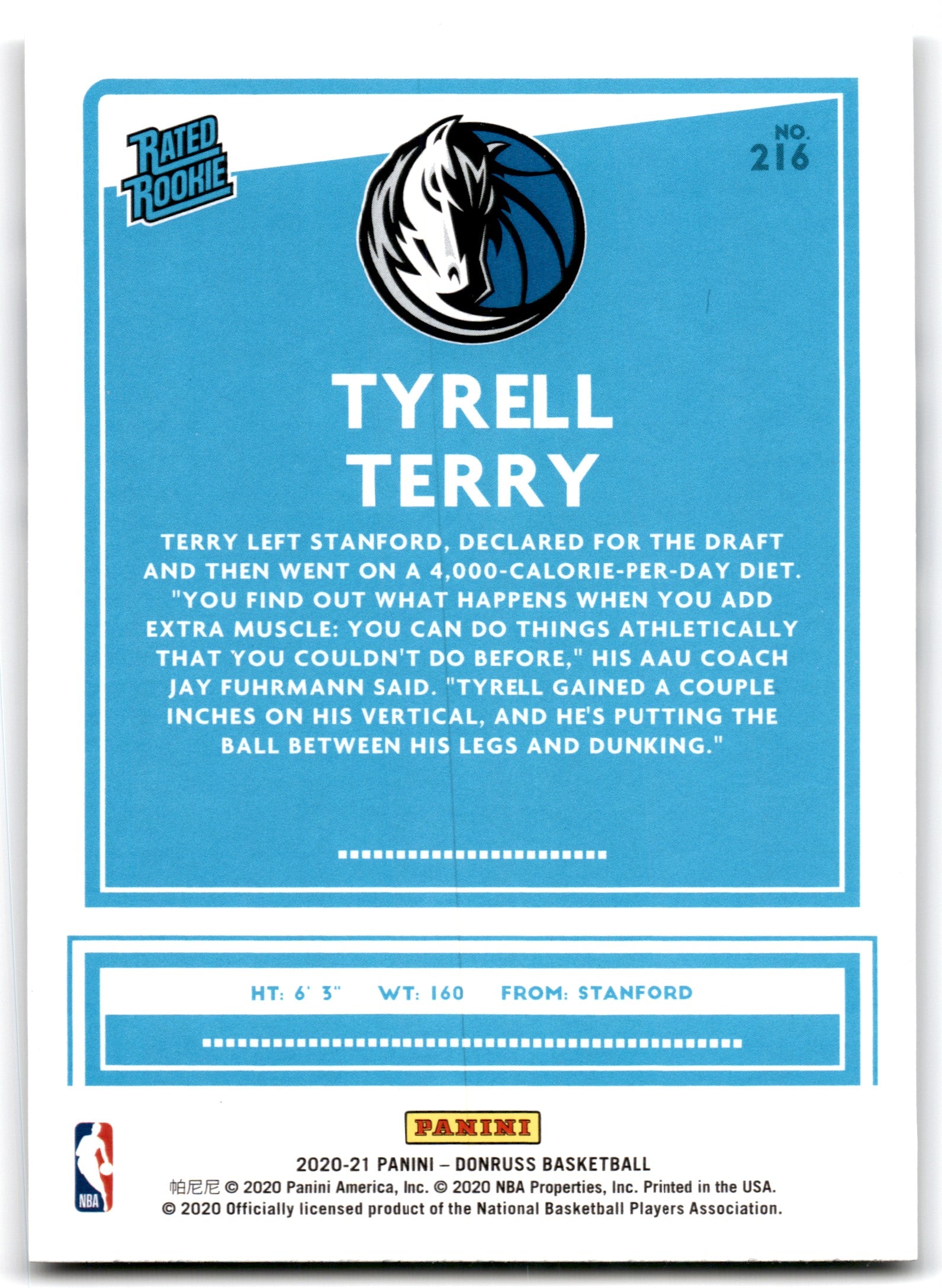 2020 Donruss Tyrell Terry Dallas Mavericks RC Card 216