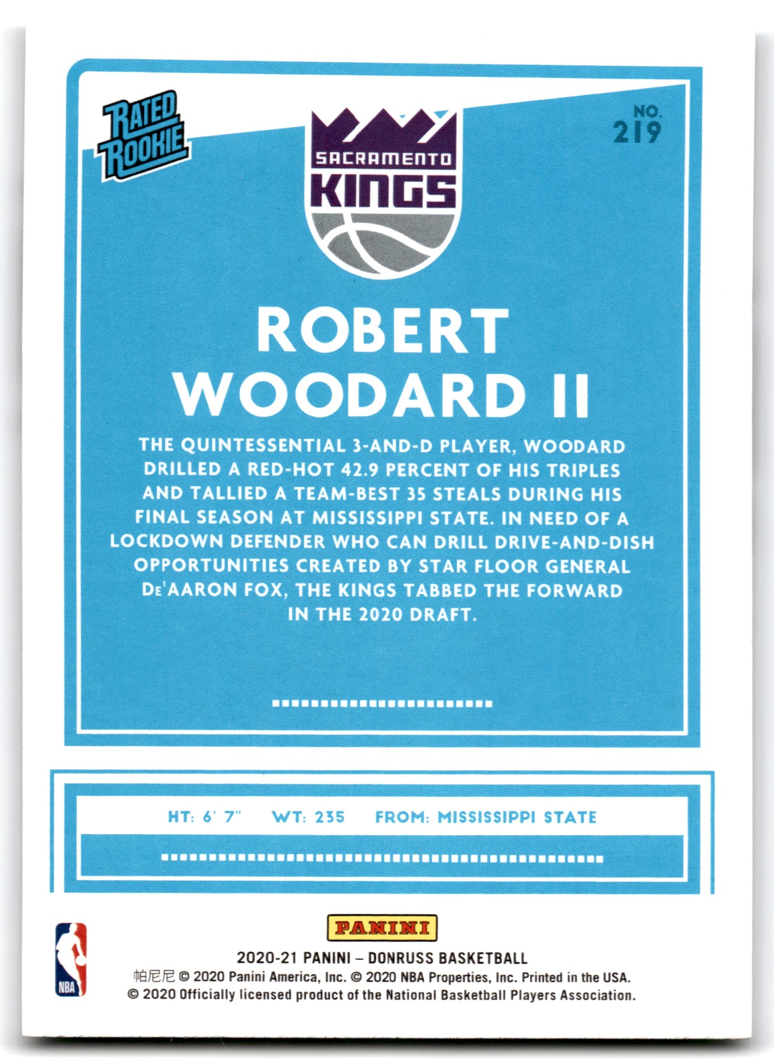 2020 Donruss Robert Woodard II Sacramento Kings RC Card 219
