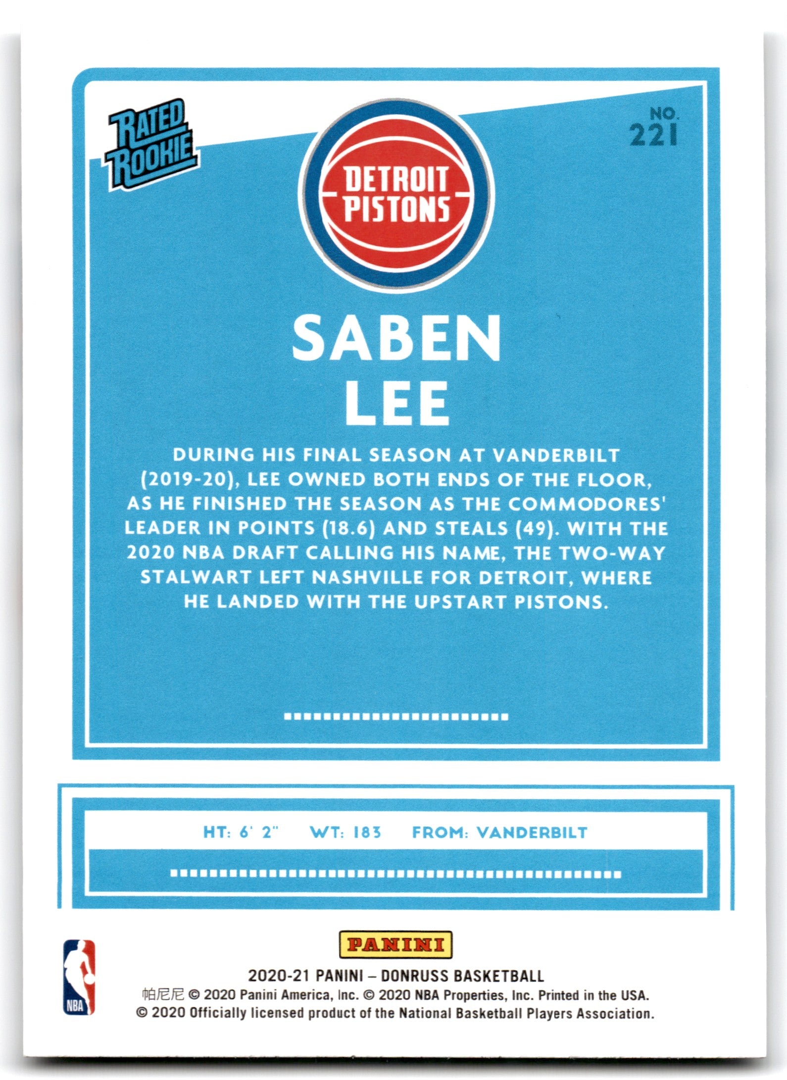 2020 Donruss Saben Lee Detroit Pistons Card 221