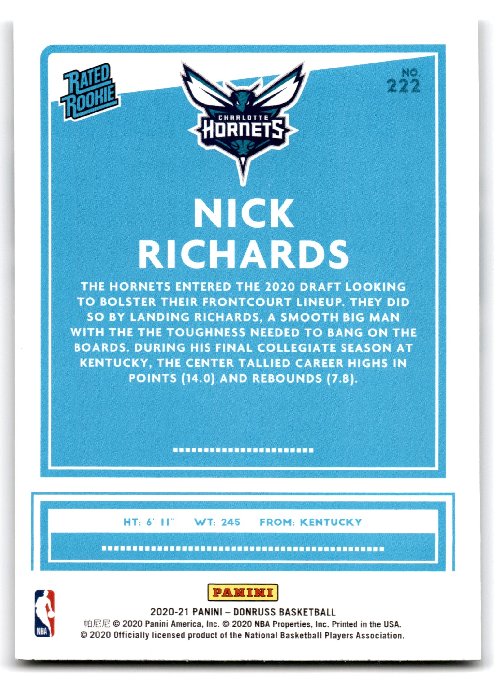 2020 Donruss Nick Richards Charlotte Hornets Card 222
