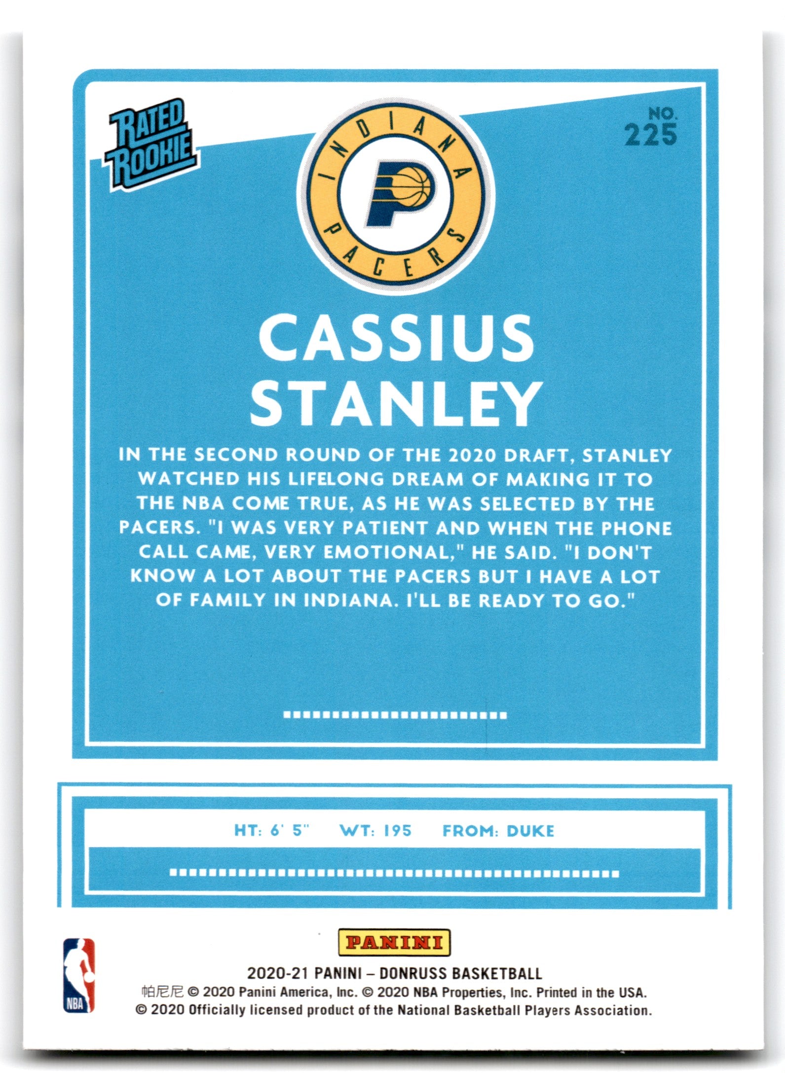 2020 Donruss Cassius Stanley Indiana Pacers Card 225