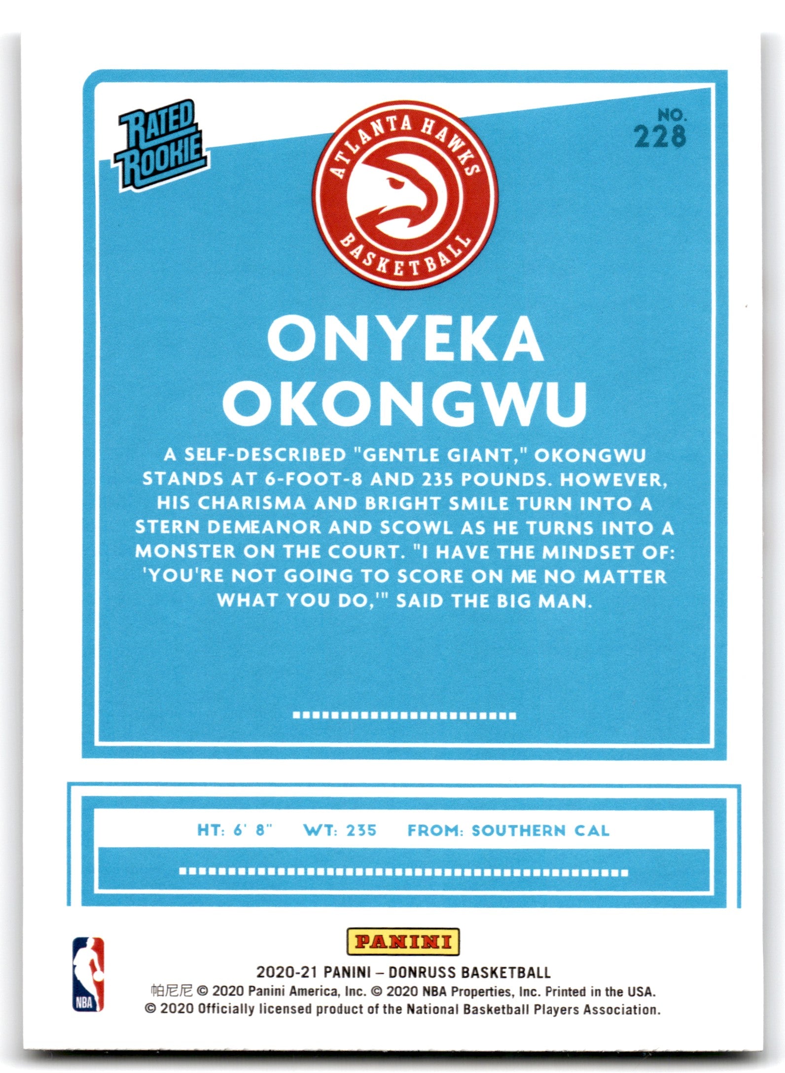 2020 Donruss Onyeka Okongwu Atlanta Hawks Card 228