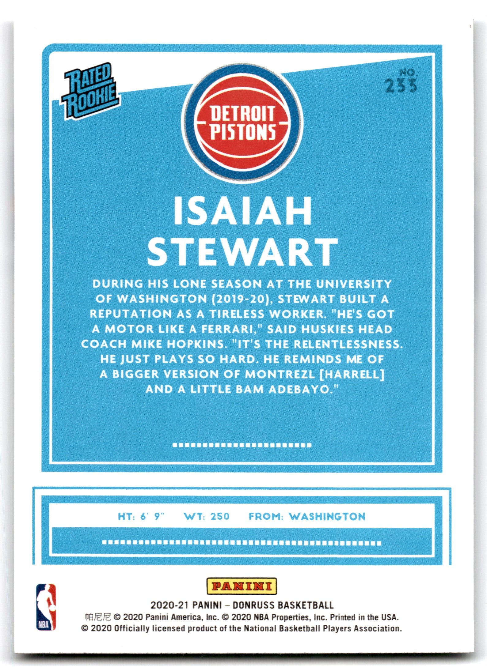 2020 Donruss Isaiah Stewart Detroit Pistons Card 233