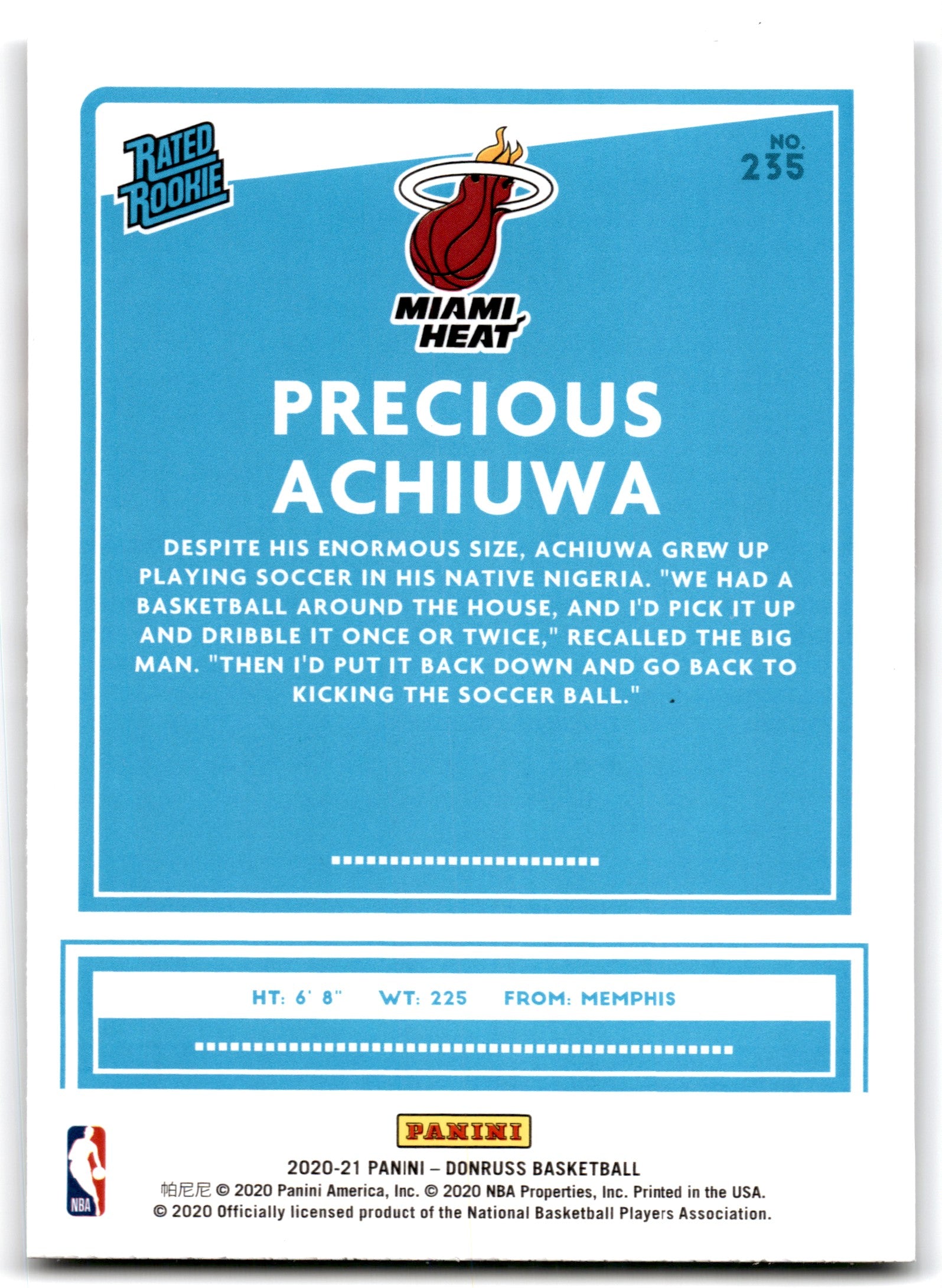 2020 Donruss Precious Achiuwa Miami Heat RC Card 235
