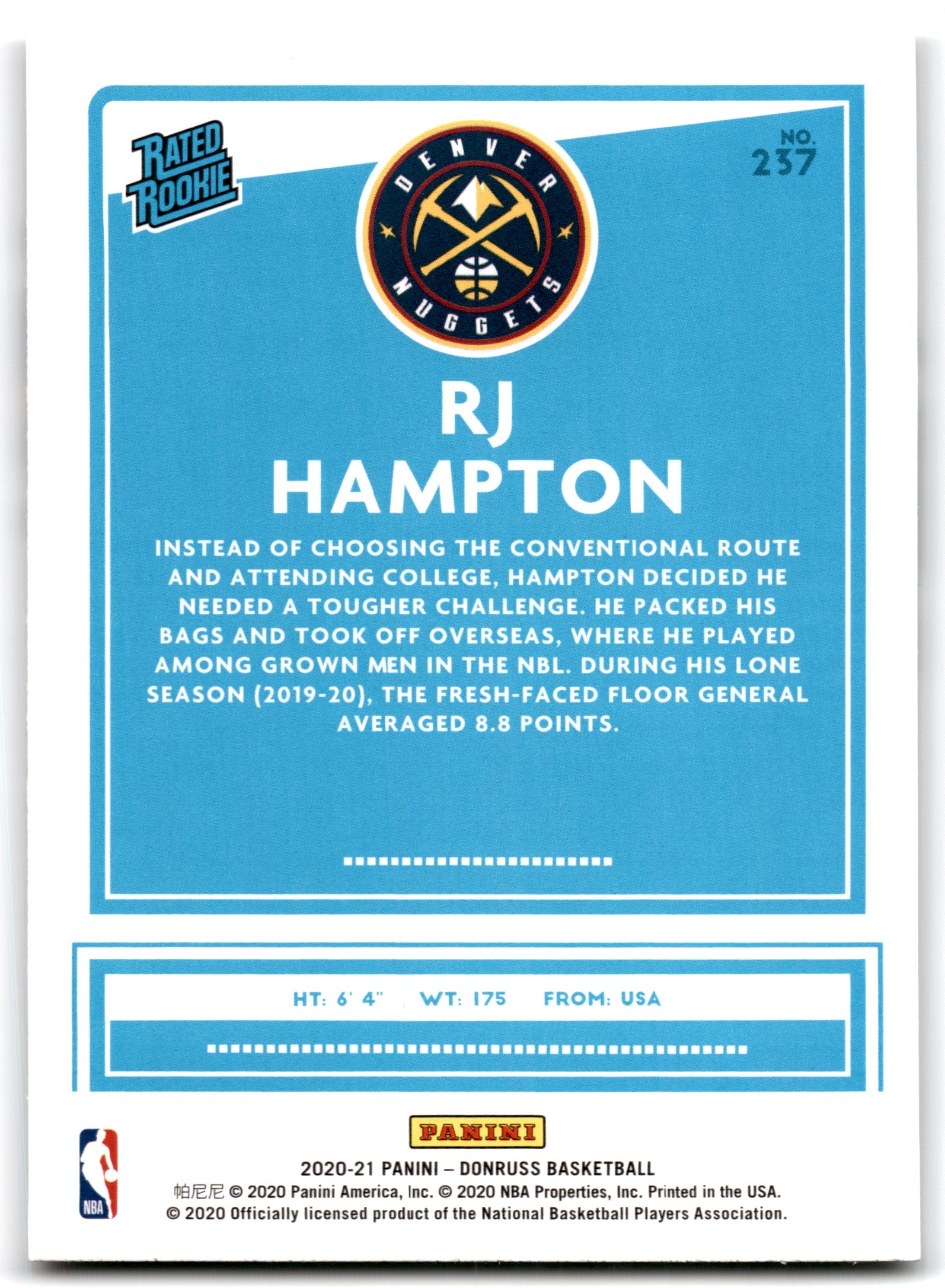2020 Donruss RJ Hampton Denver Nuggets Card 237