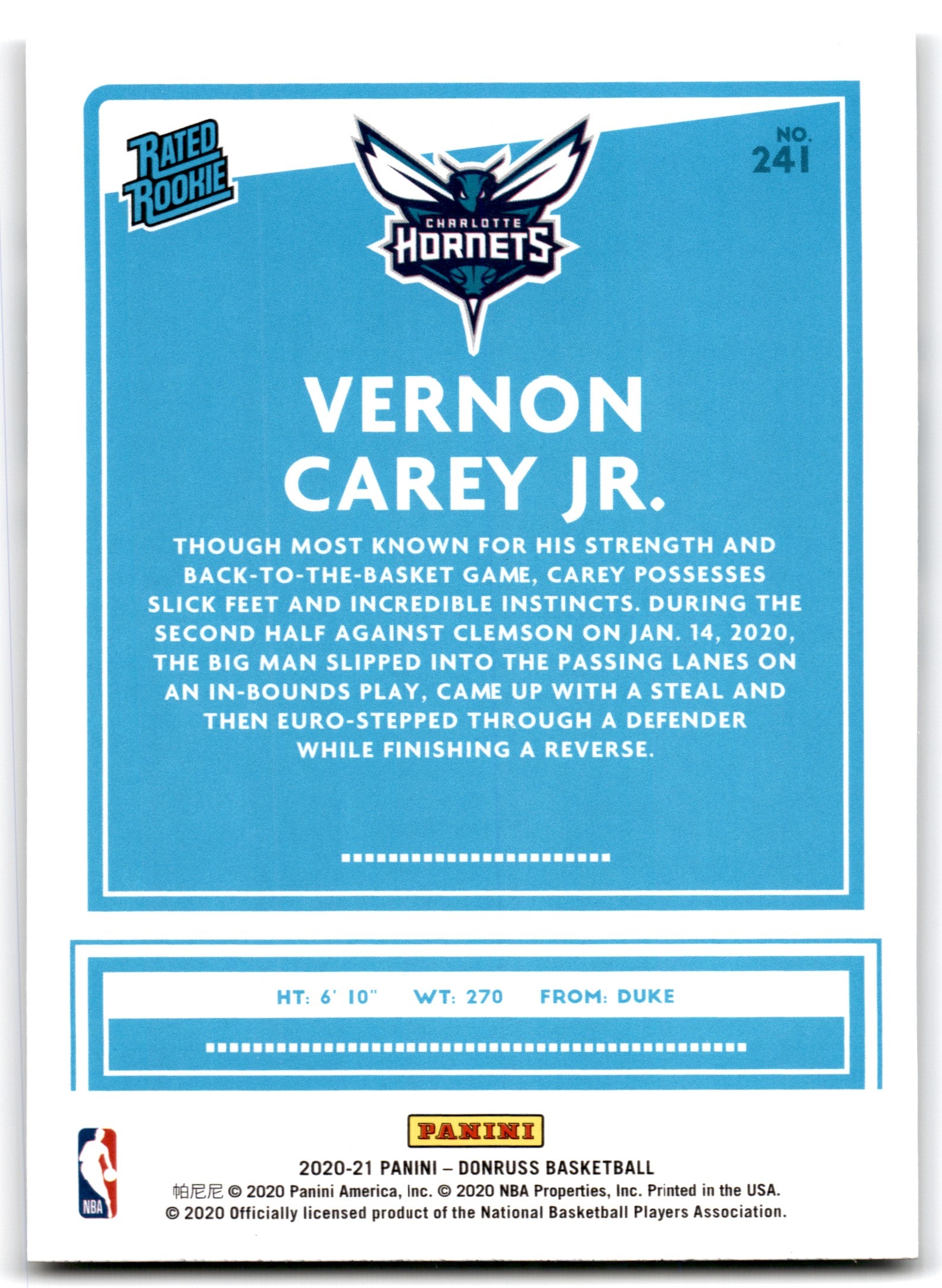 2020 Donruss Vernon Carey Jr. Charlotte Hornets Card 241