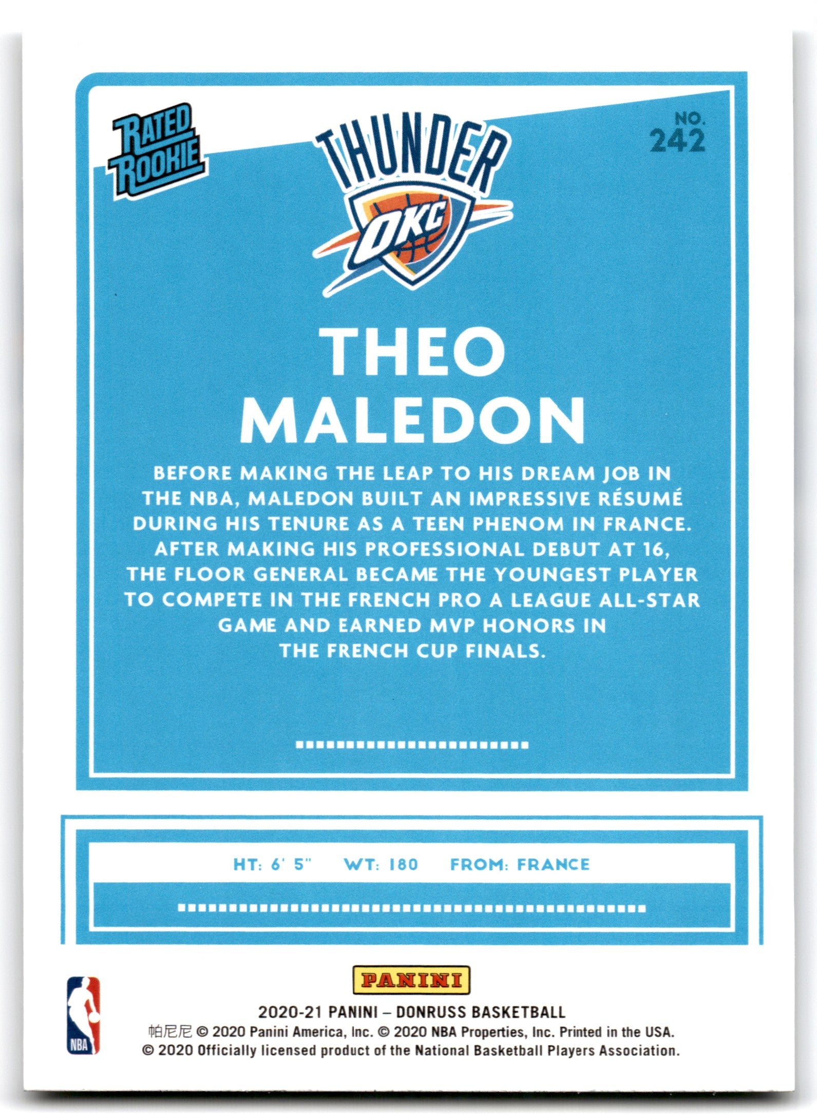 2020 Donruss Theo Maledon Oklahoma City Thunder Card 242