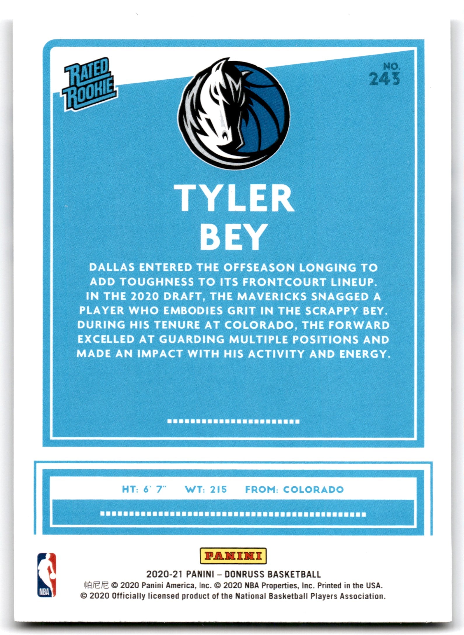 2020 Donruss Tyler Bey Dallas Mavericks Card 243
