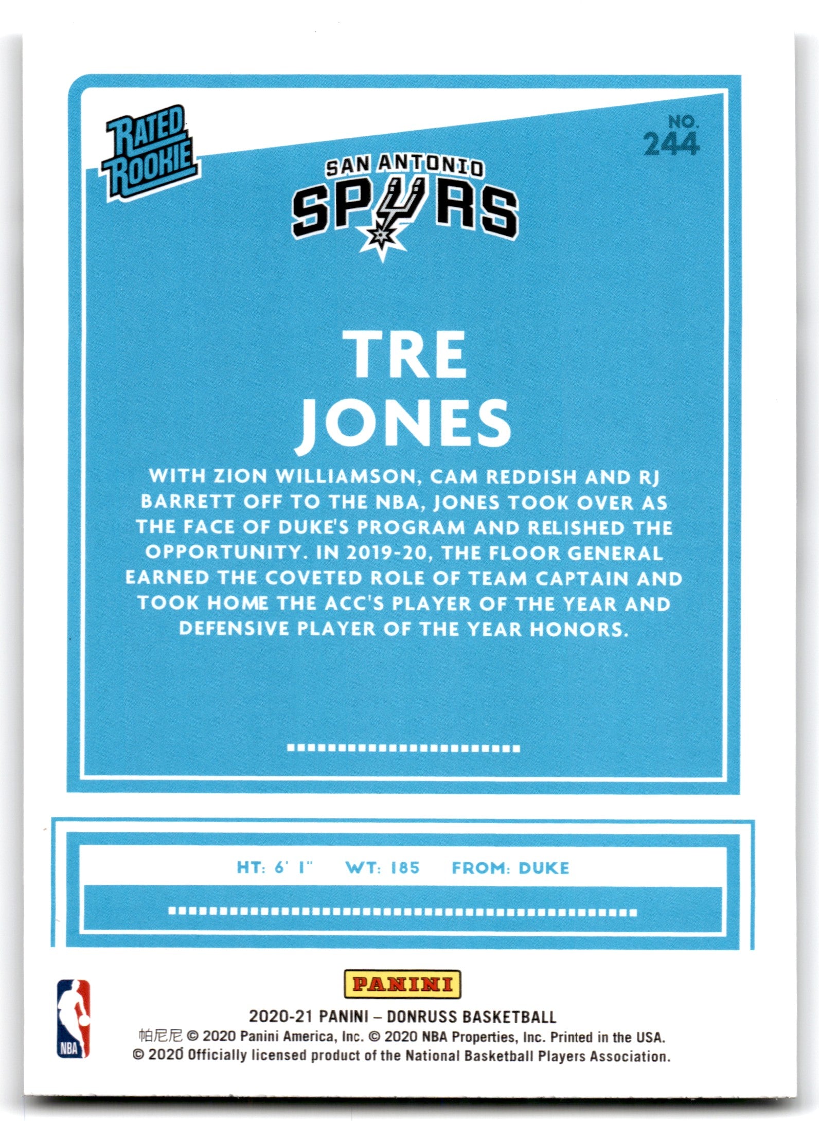 2020 Donruss Tre Jones San Antonio Spurs Card 244