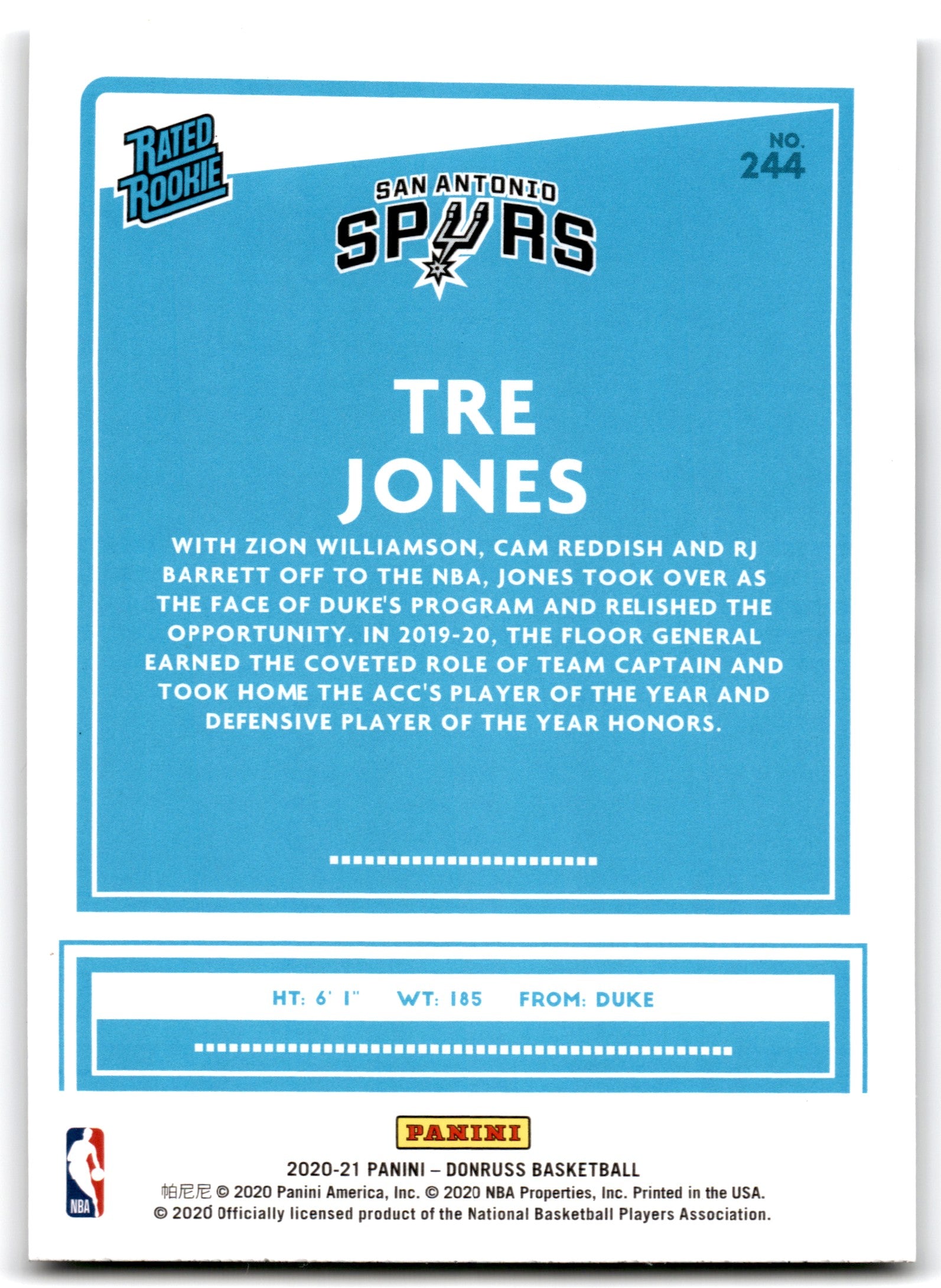 2020 Donruss Tre Jones San Antonio Spurs RC Card 244