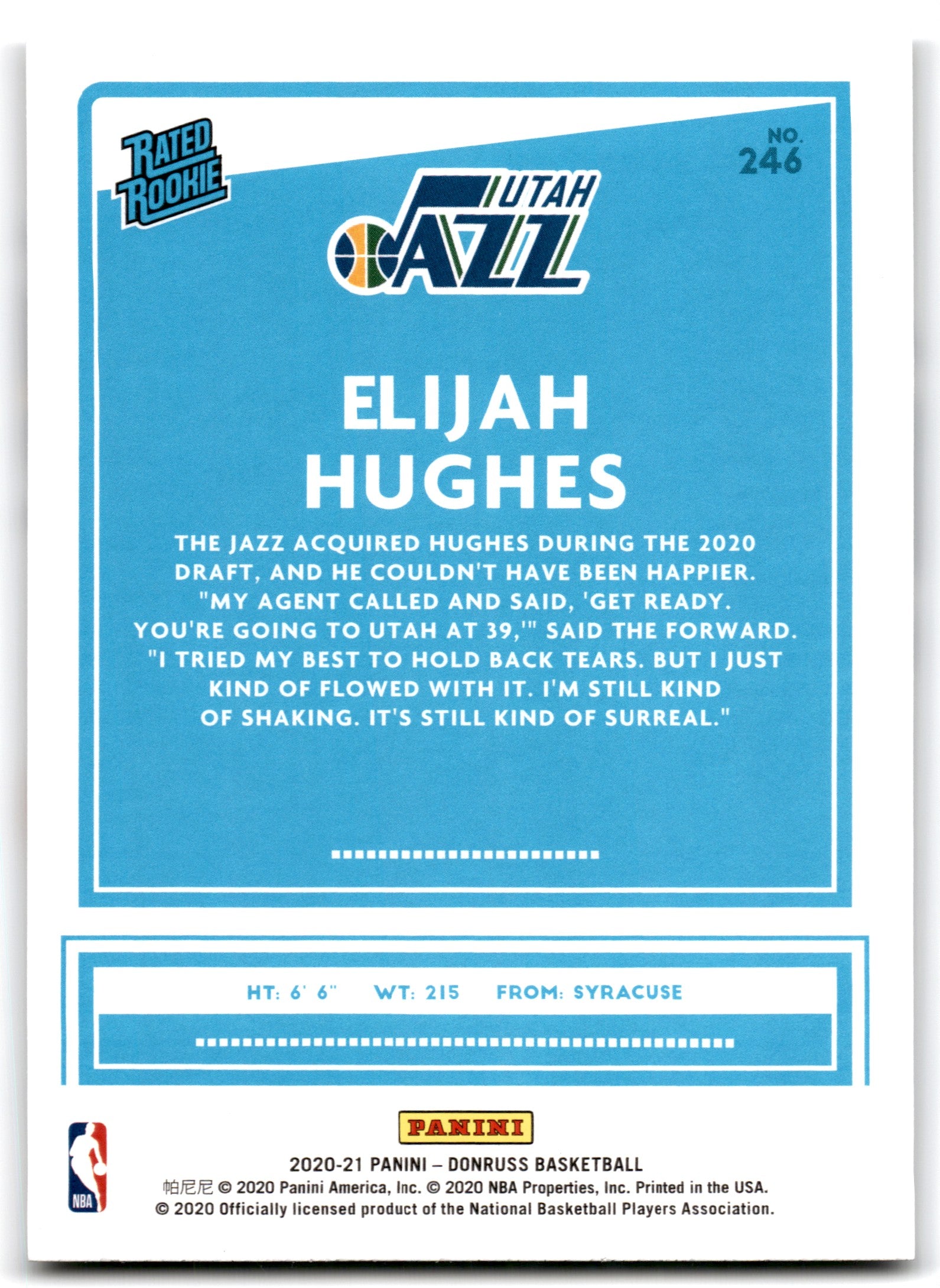 2020 Donruss Elijah Hughes Utah Jazz Card 246
