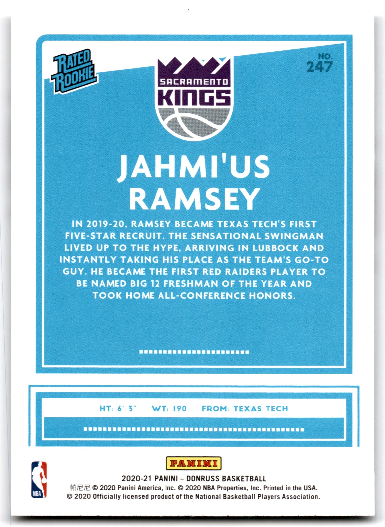 2020 Donruss Jahmi'us Ramsey Sacramento Kings Card 247