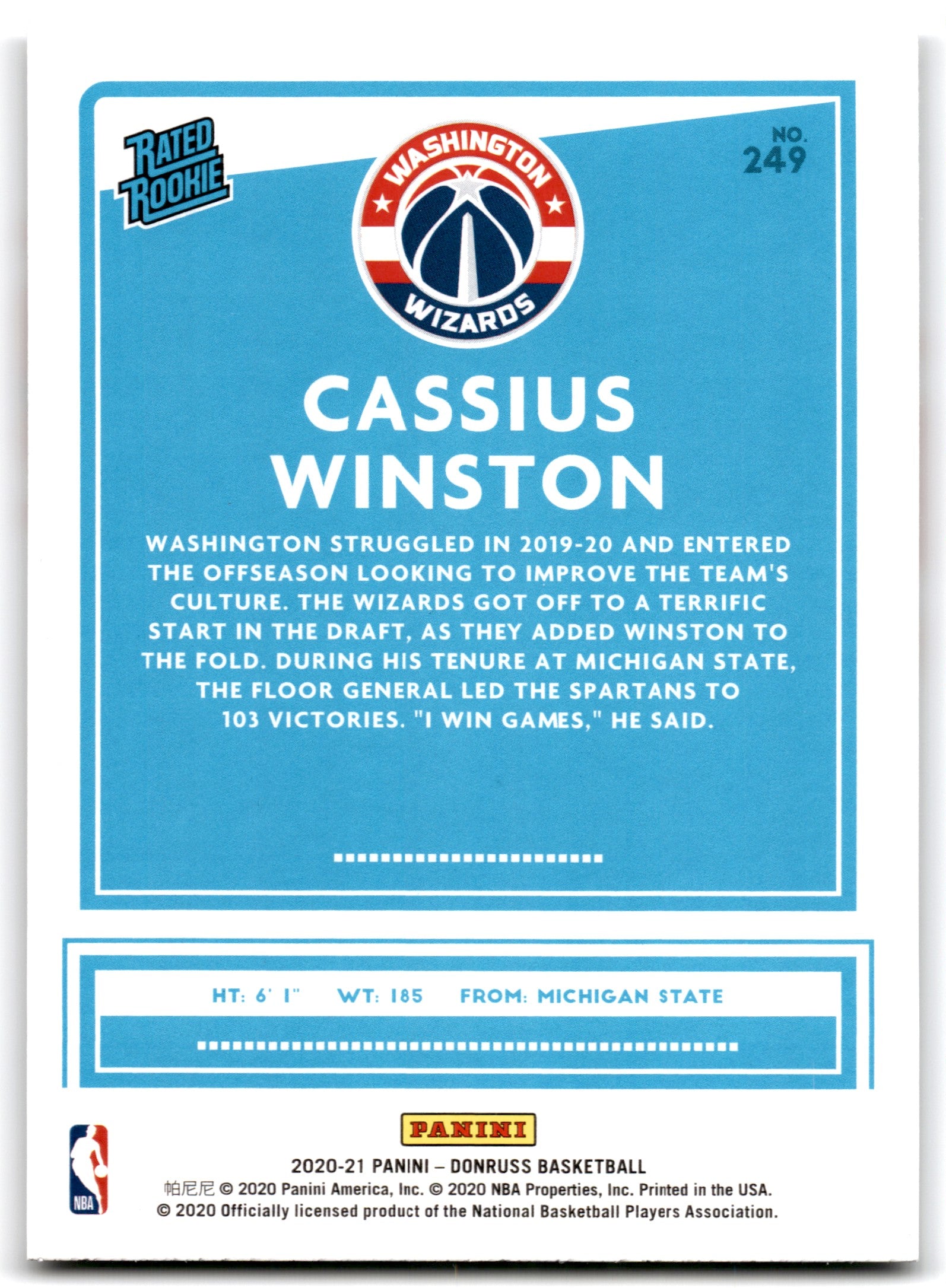2020 Donruss Cassius Winston Washington Wizards Card 249