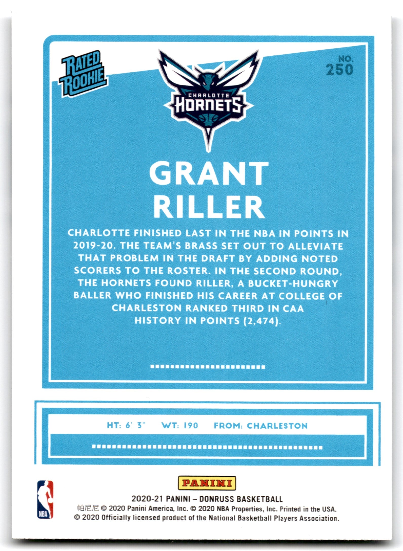 2020 Donruss Grant Riller Charlotte Hornets Card 250