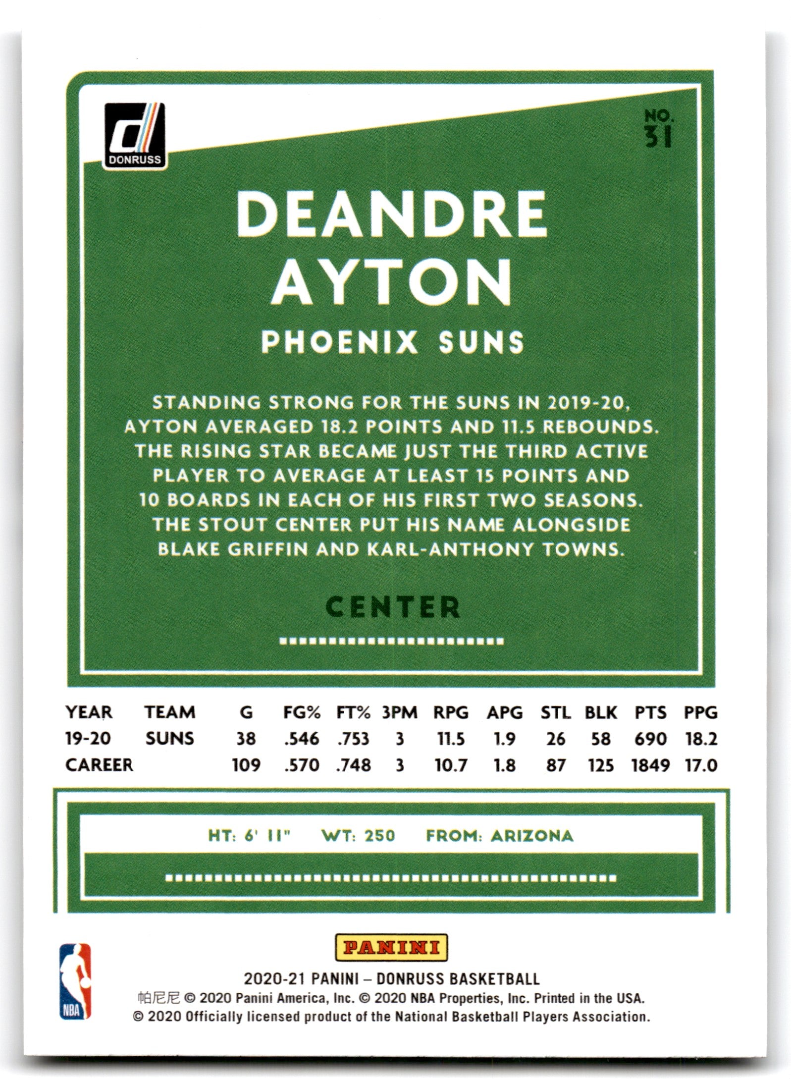 2020 Donruss Deandre Ayton Phoenix Suns Card 31