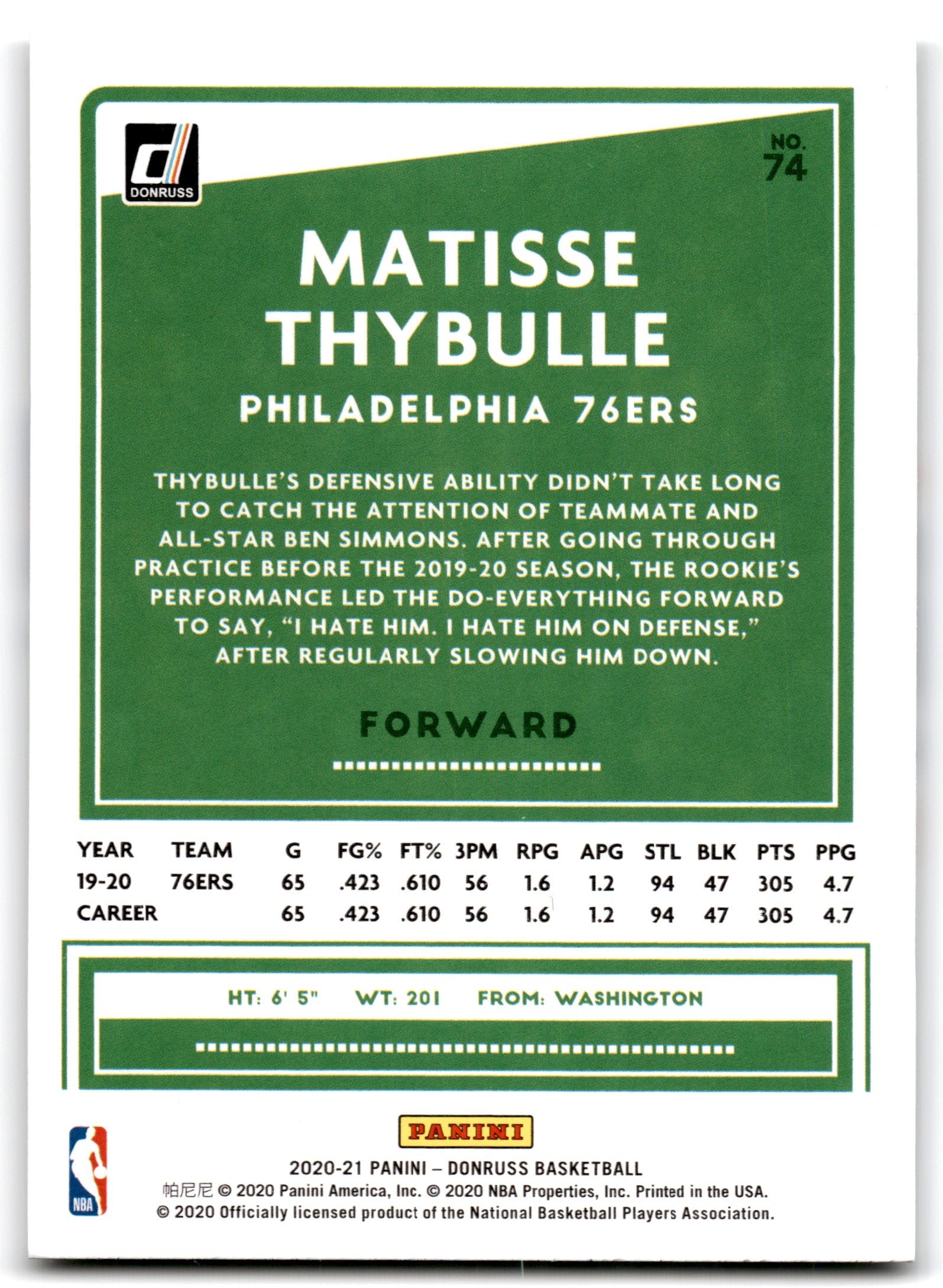 2020 Donruss Matisse Thybulle Philadelphia 76ers Card 74
