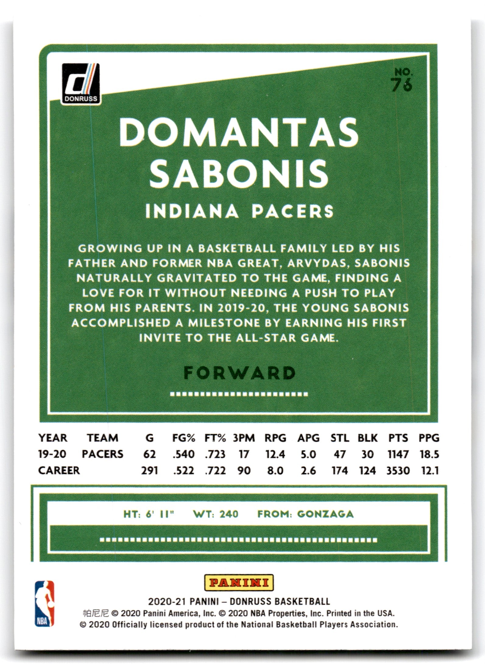 2020 Donruss Domantas Sabonis Indiana Pacers Card 76