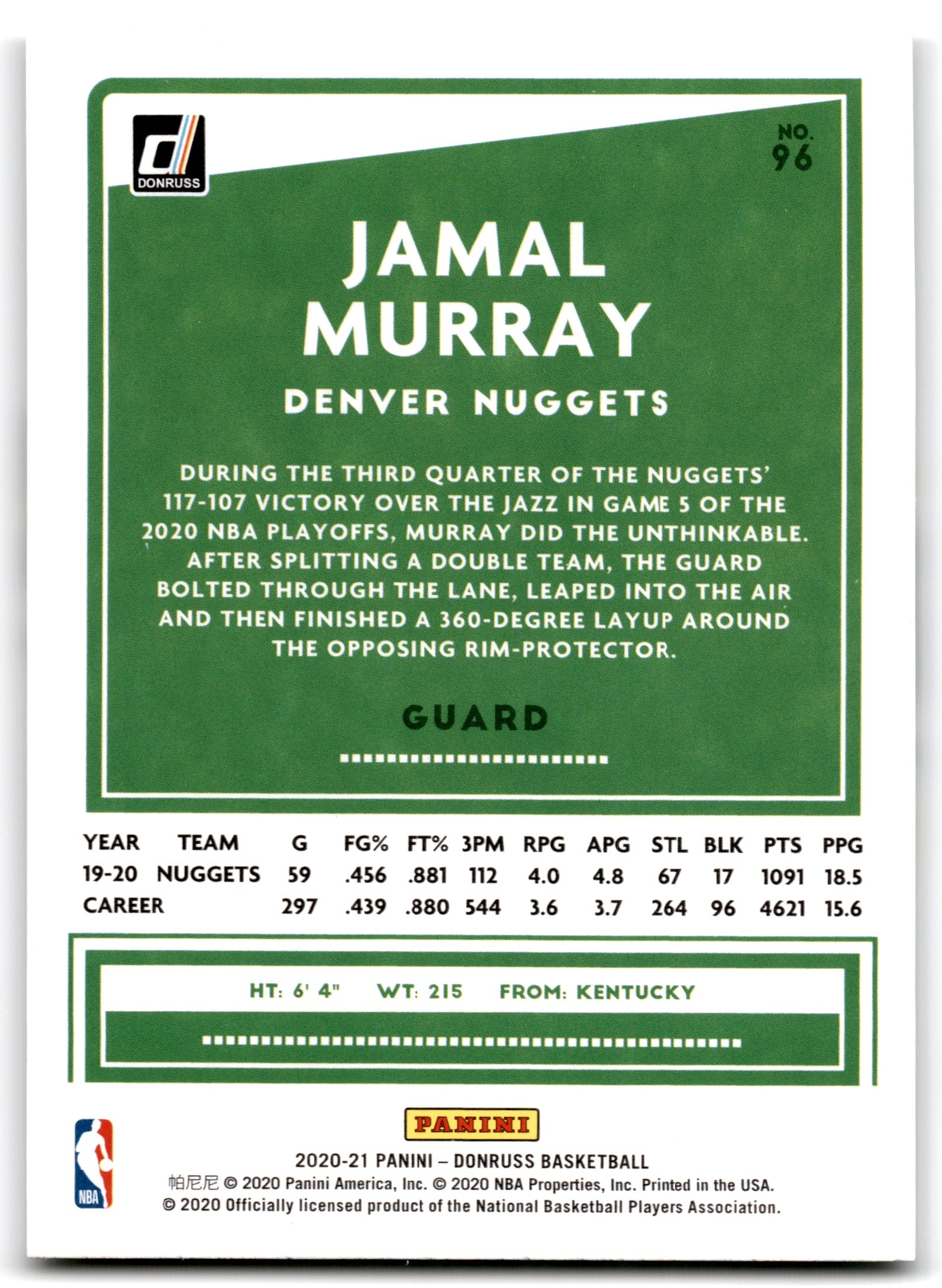 2020 Donruss Jamal Murray Denver Nuggets Card 96