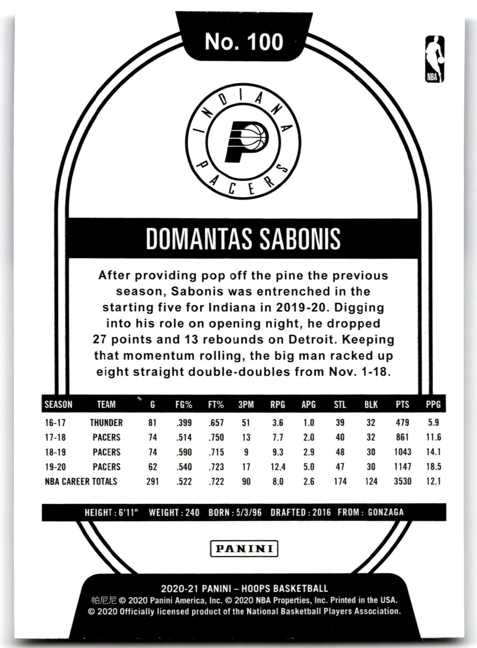 2020 Hoops Domantas Sabonis Indiana Pacers Card 100
