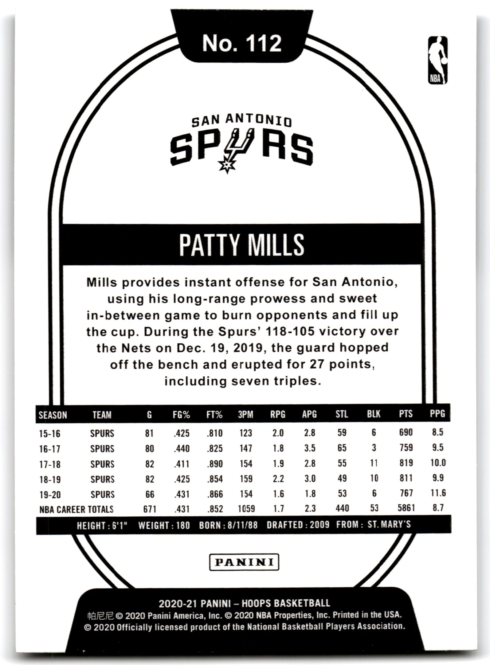 2020 Hoops Patty Mills San Antonio Spurs Card 112