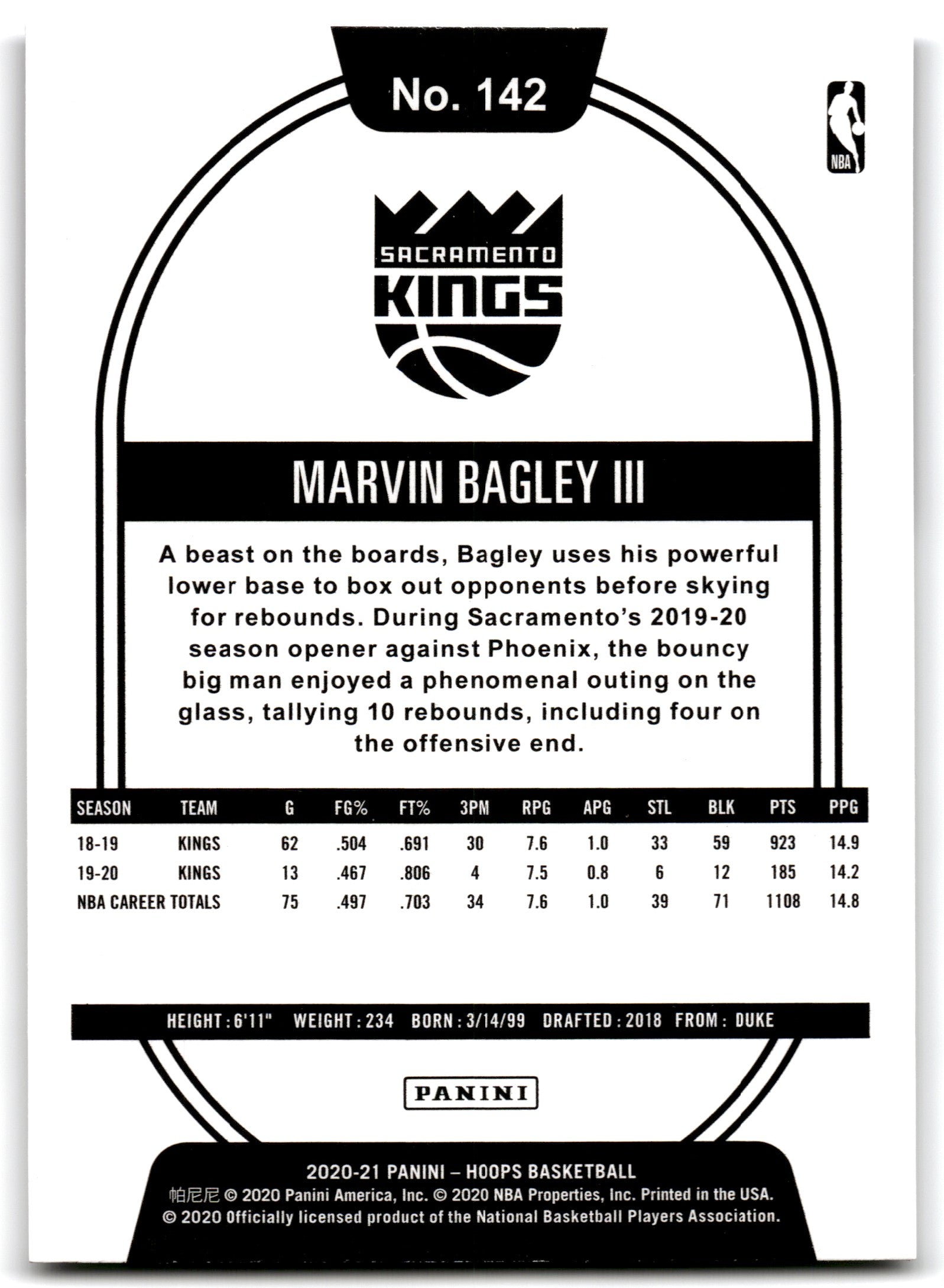 2020 Hoops Marvin Bagley III Sacramento Kings Card 142