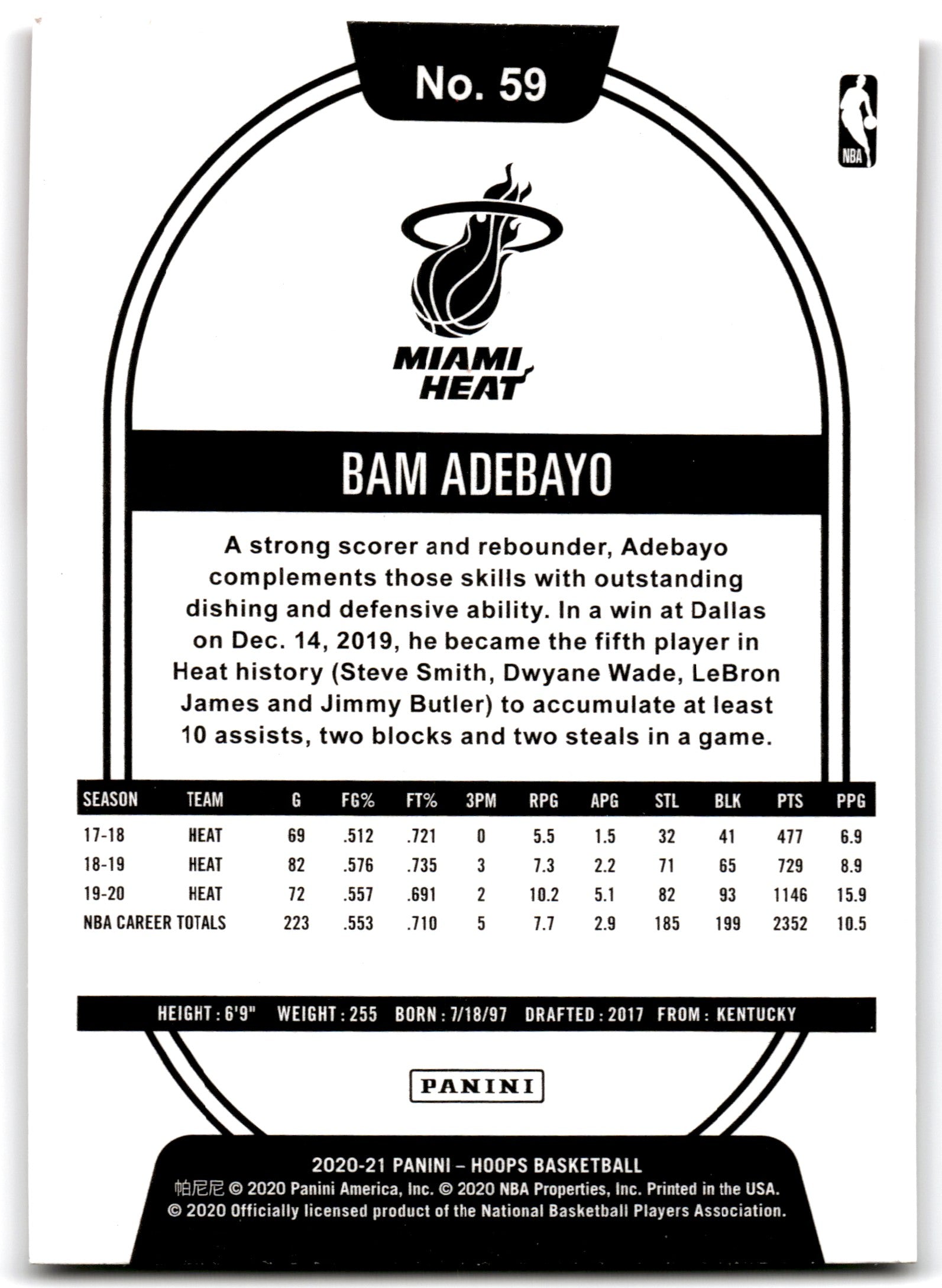 2020 Hoops Bam Adebayo Miami Heat Card 59