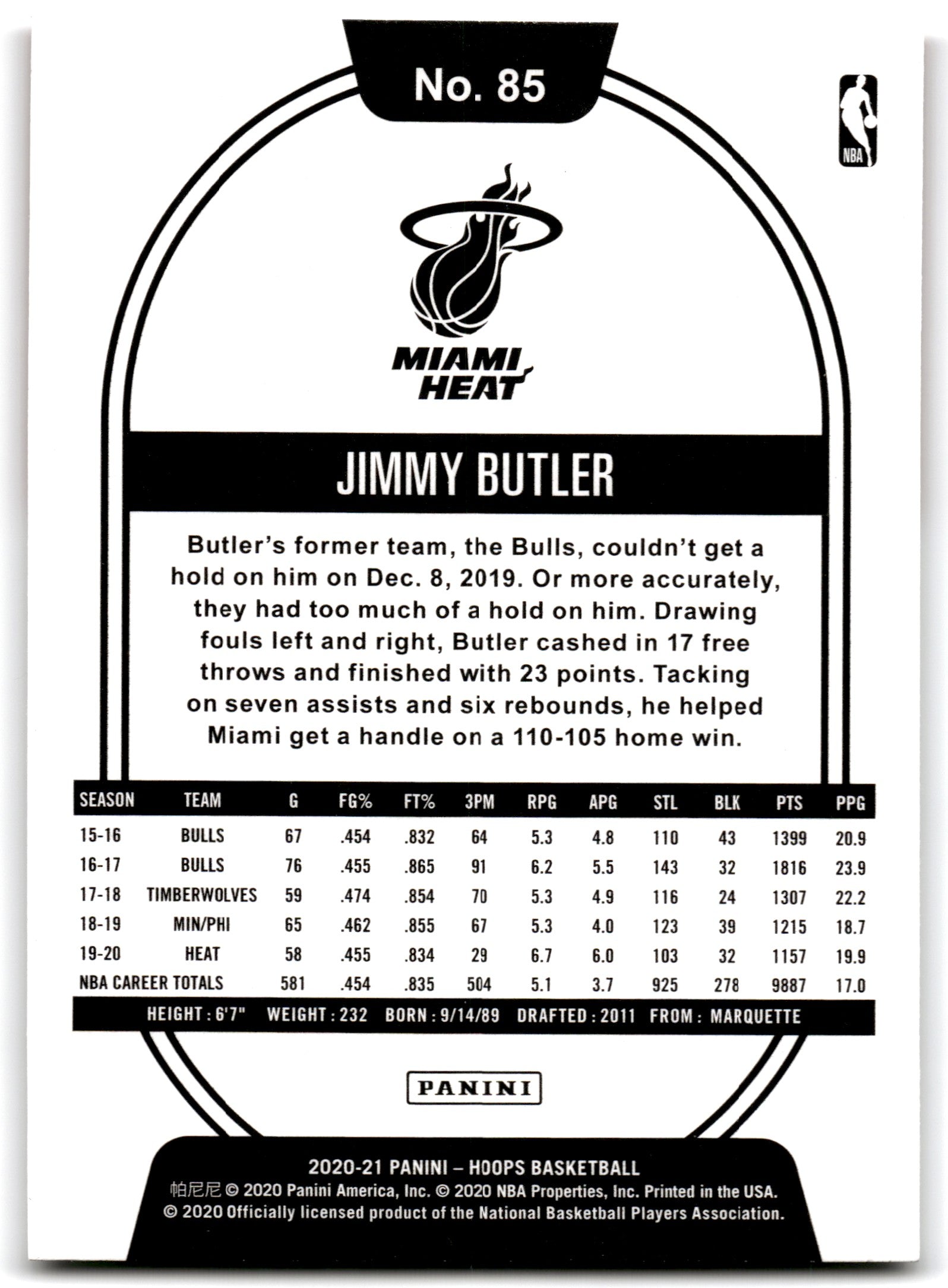 2020 Hoops Jimmy Butler Miami Heat Card 85