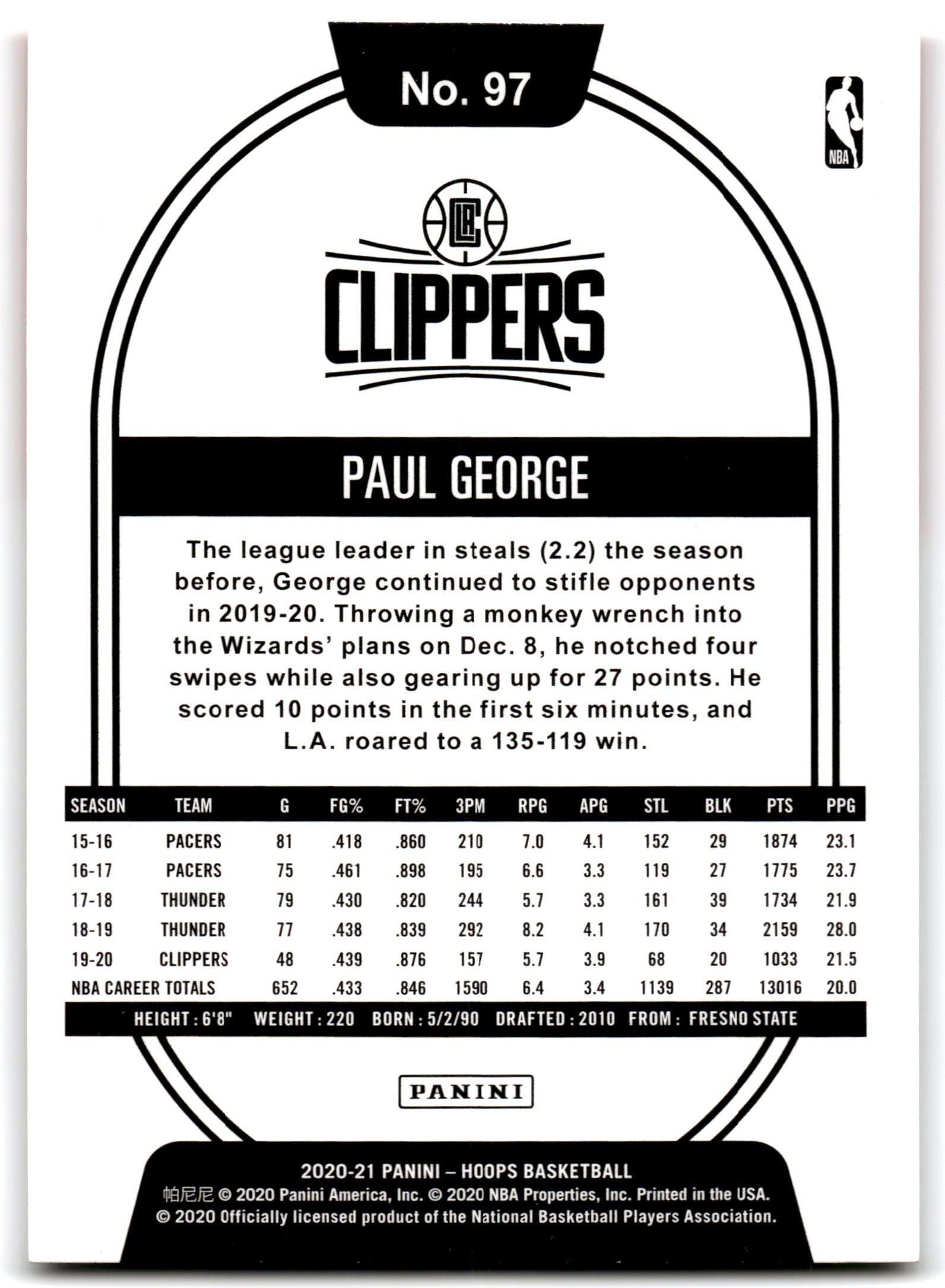 2020 Hoops Paul George Los Angeles Clippers Card 97