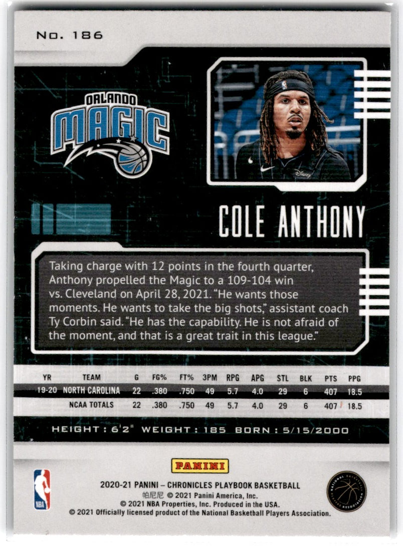 2020 Panini Chronicles Cole Anthony RC Card 186