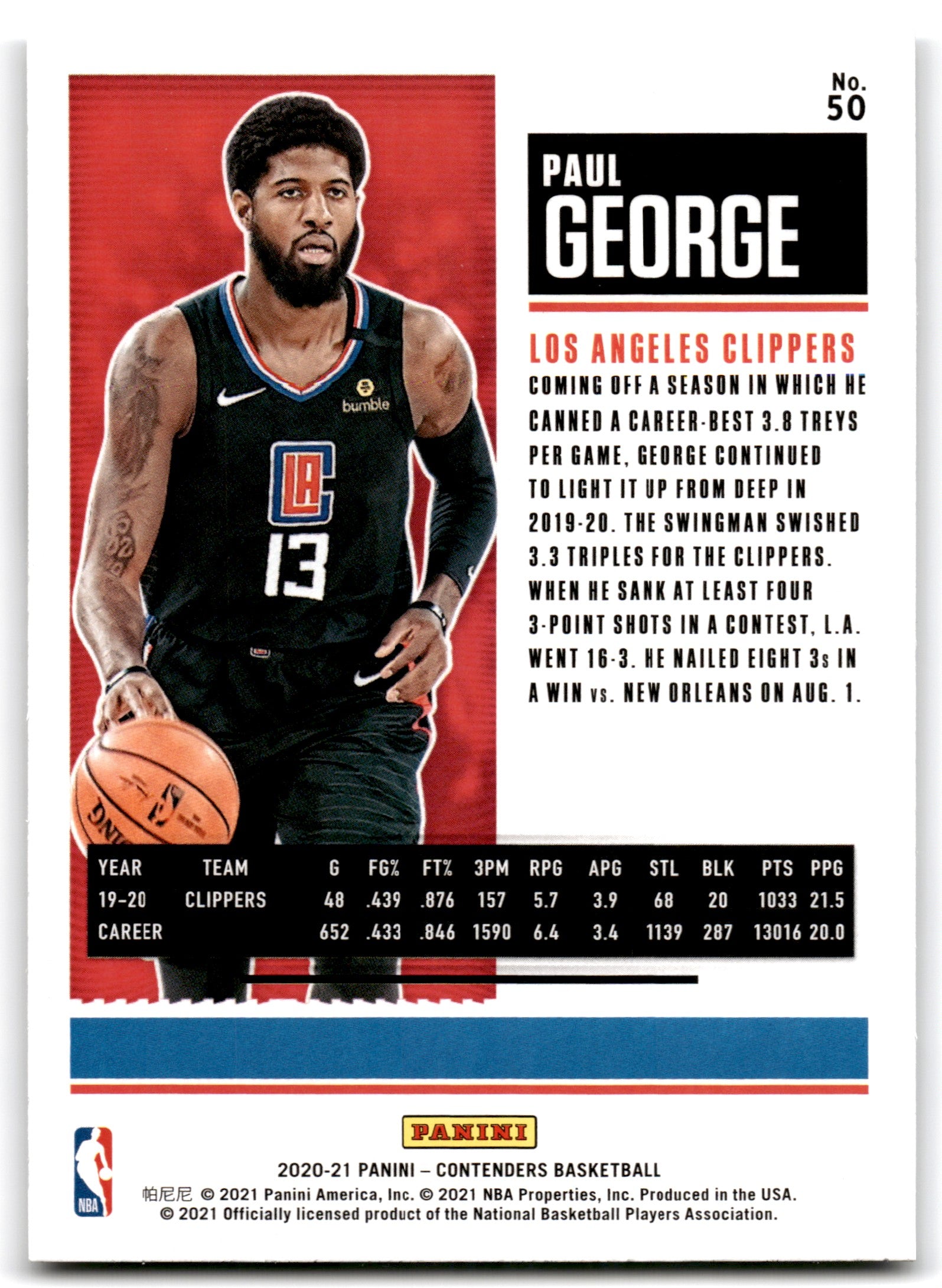 2020 Panini Contenders Game Ticket Bronze Paul George Los Angeles Clippers Card 50