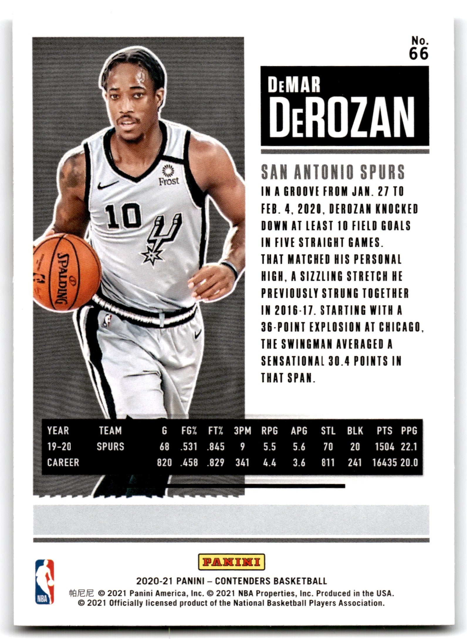 2020 Panini Contenders Game Ticket Bronze DeMar DeRozan San Antonio Spurs Card 66