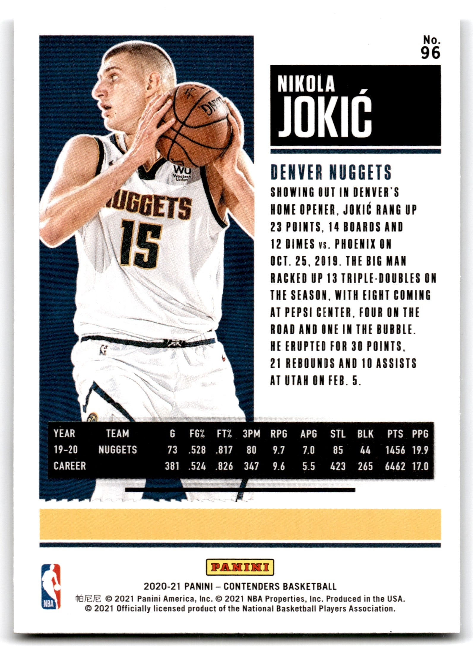 2020 Panini Contenders Game Ticket Bronze Nikola Jokic Denver Nuggets Card 96