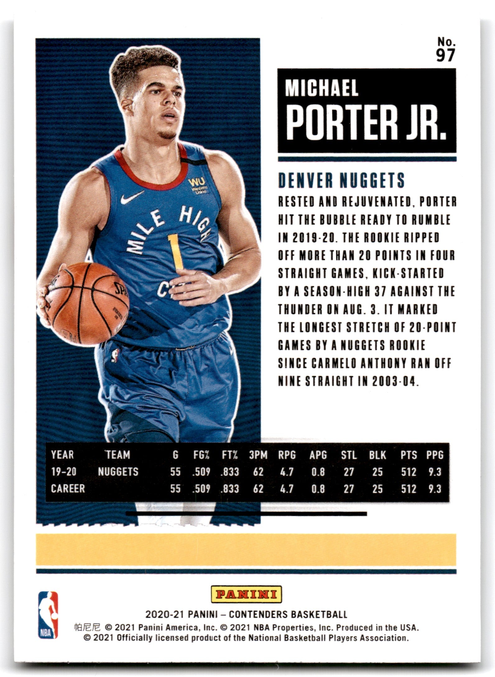 2020 Panini Contenders Michael Porter Jr. Denver Nuggets Card 97