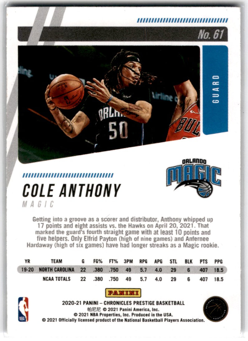 2020 Panini Prestige Cole Anthony RC Card 50