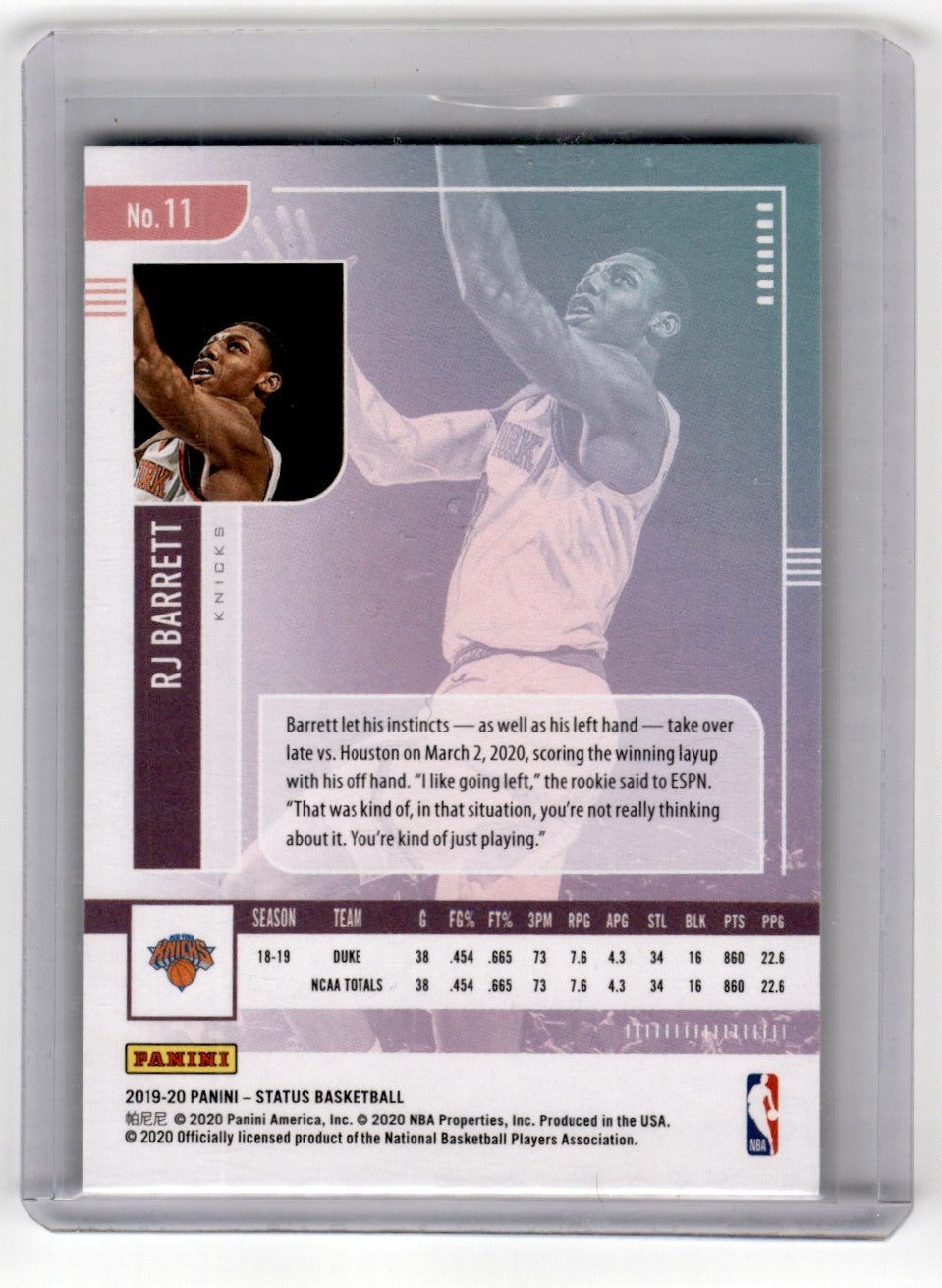 2019 Panini Status RJ Barrett RC Card 11