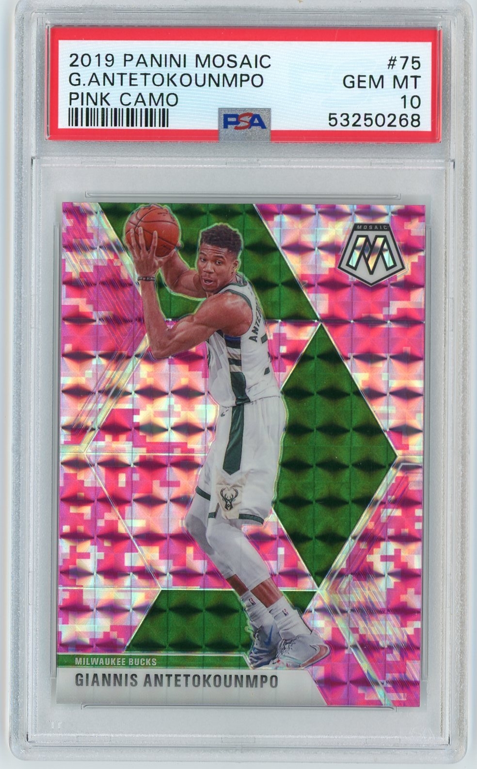 2019-20 Panini Mosaic Giannis Antetokounmpo Pink Camo Card #75 PSA 10 GEM MINT