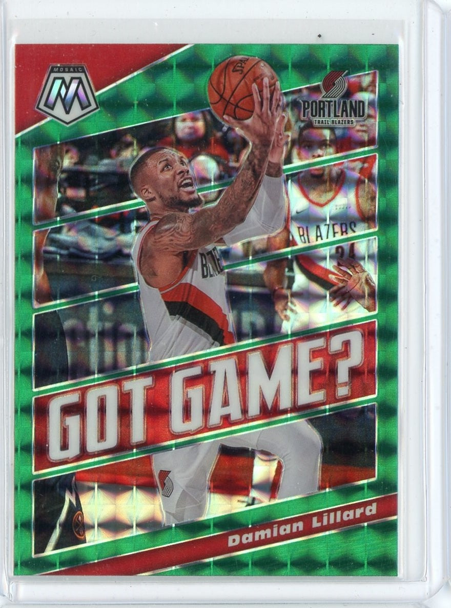 2019-20 Panini Mosaic Basketball Damian Lillard Got Game Green Prizm Card #14