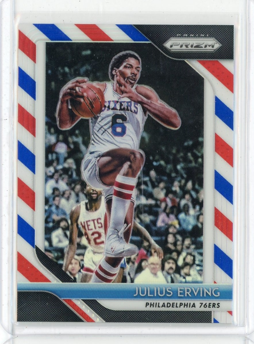 2018-19 Panini Prizm Basketball Julius Erving Red White Blue Prizm Card #95