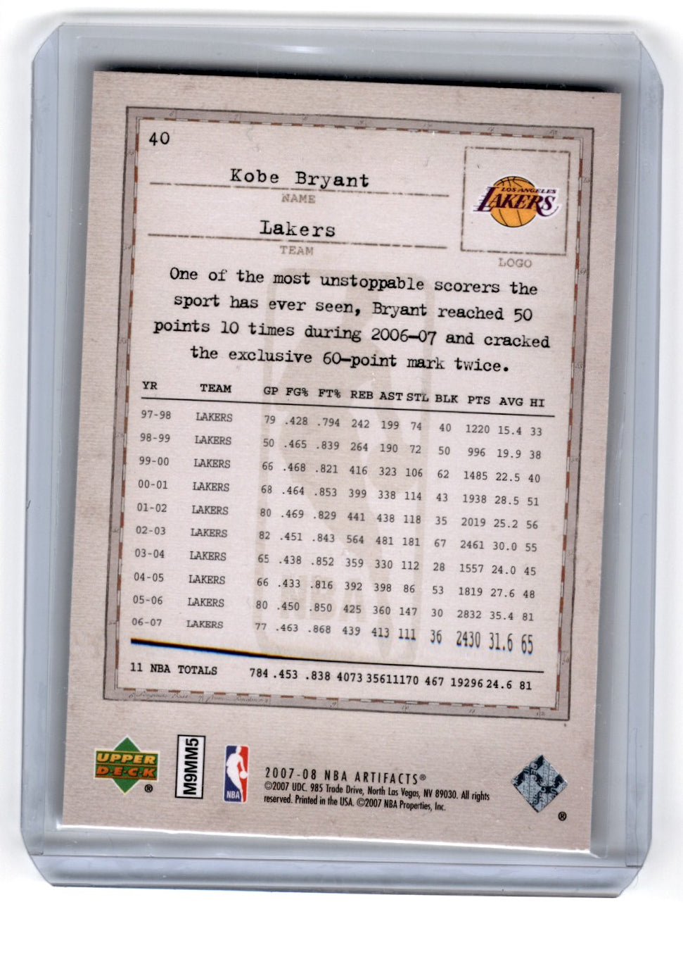 2007 Upper Deck Artifacts Kobe Bryant Card 40