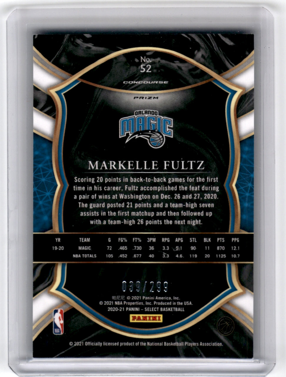 2020 Panini Select #52 /299 Markelle Fultz Light Blue Silver Prizms